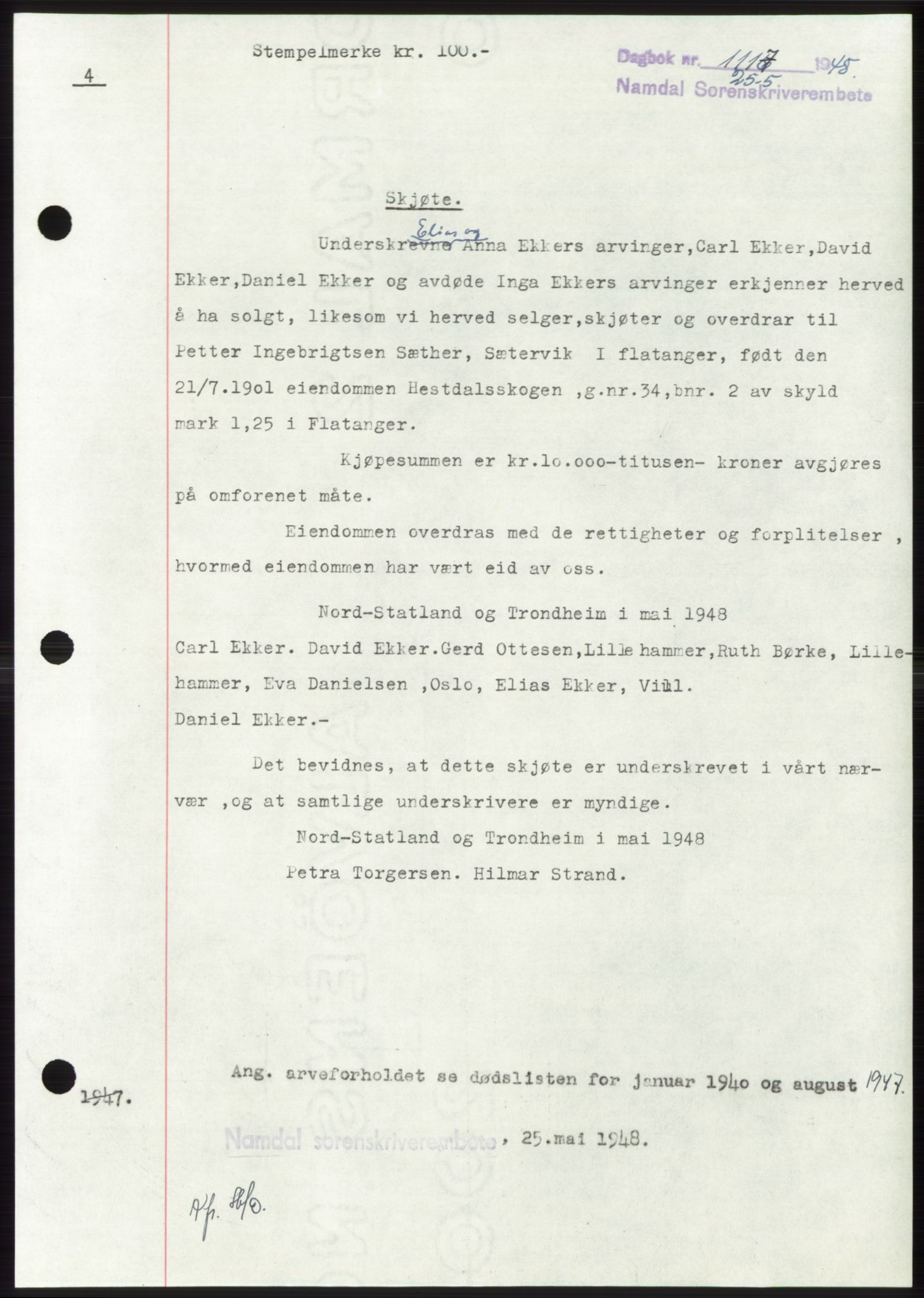 Namdal sorenskriveri, SAT/A-4133/1/2/2C: Mortgage book no. -, 1947-1948, Diary no: : 1117/1948