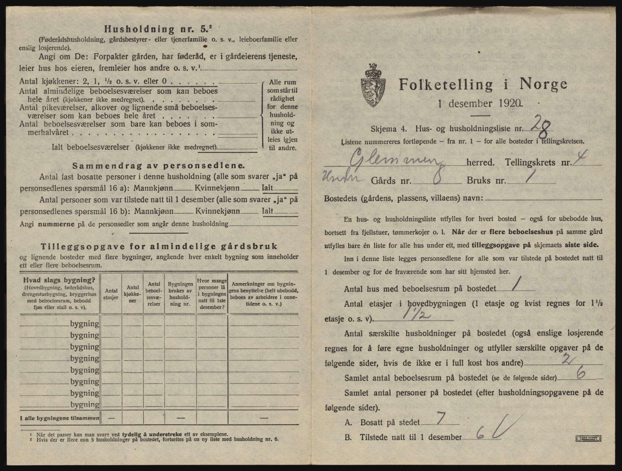 SAO, 1920 census for Glemmen, 1920, p. 1243