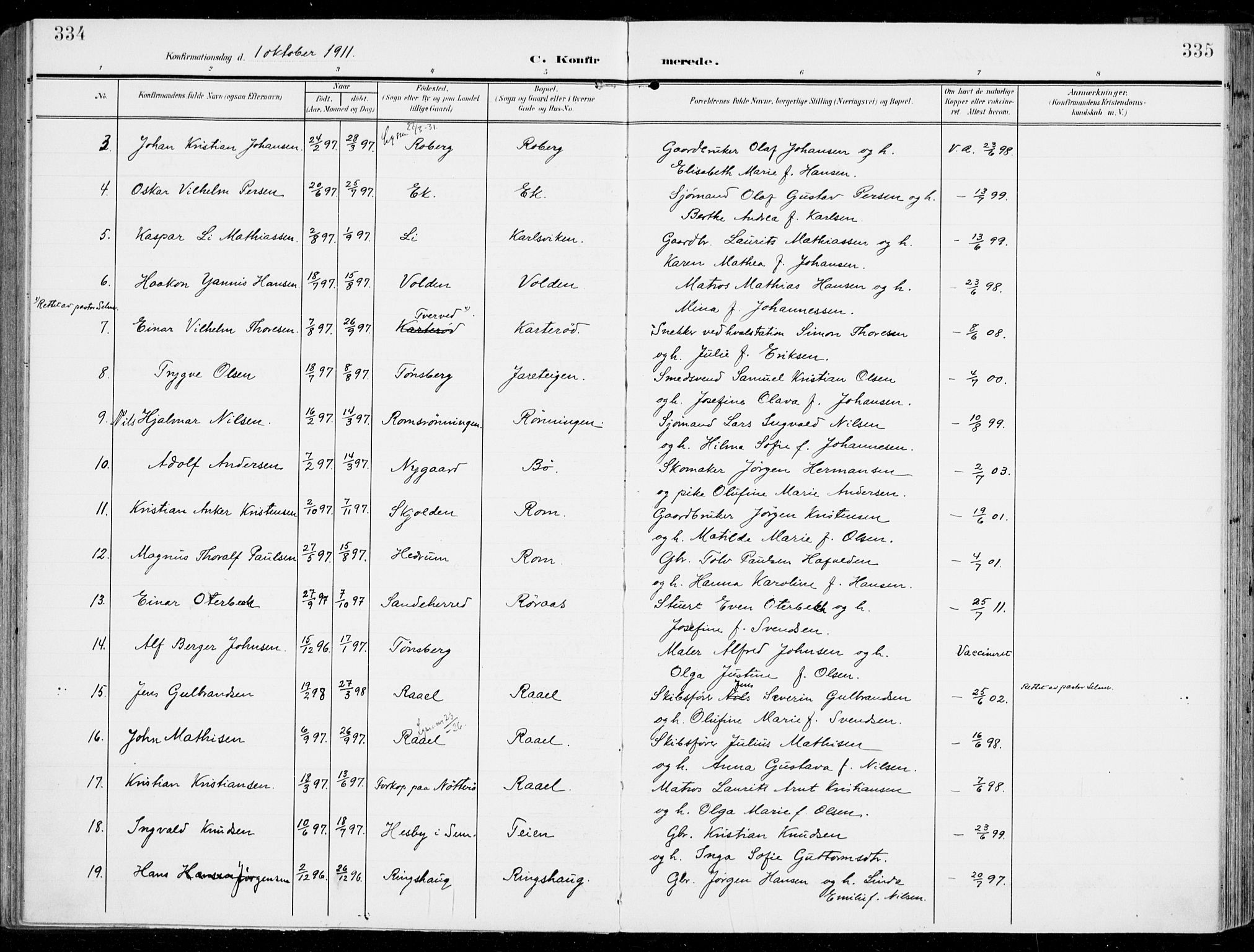 Sem kirkebøker, SAKO/A-5/F/Fb/L0006: Parish register (official) no. II 6, 1905-1918, p. 334-335