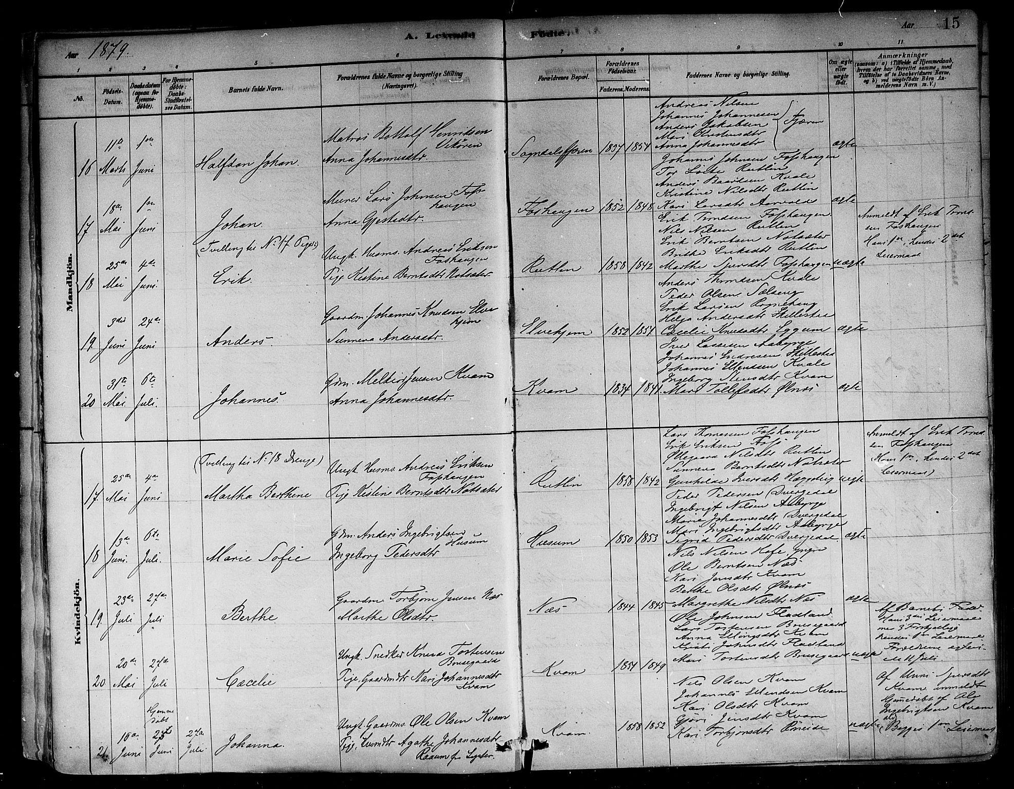 Sogndal sokneprestembete, AV/SAB-A-81301/H/Haa/Haab/L0001: Parish register (official) no. B 1, 1878-1899, p. 15