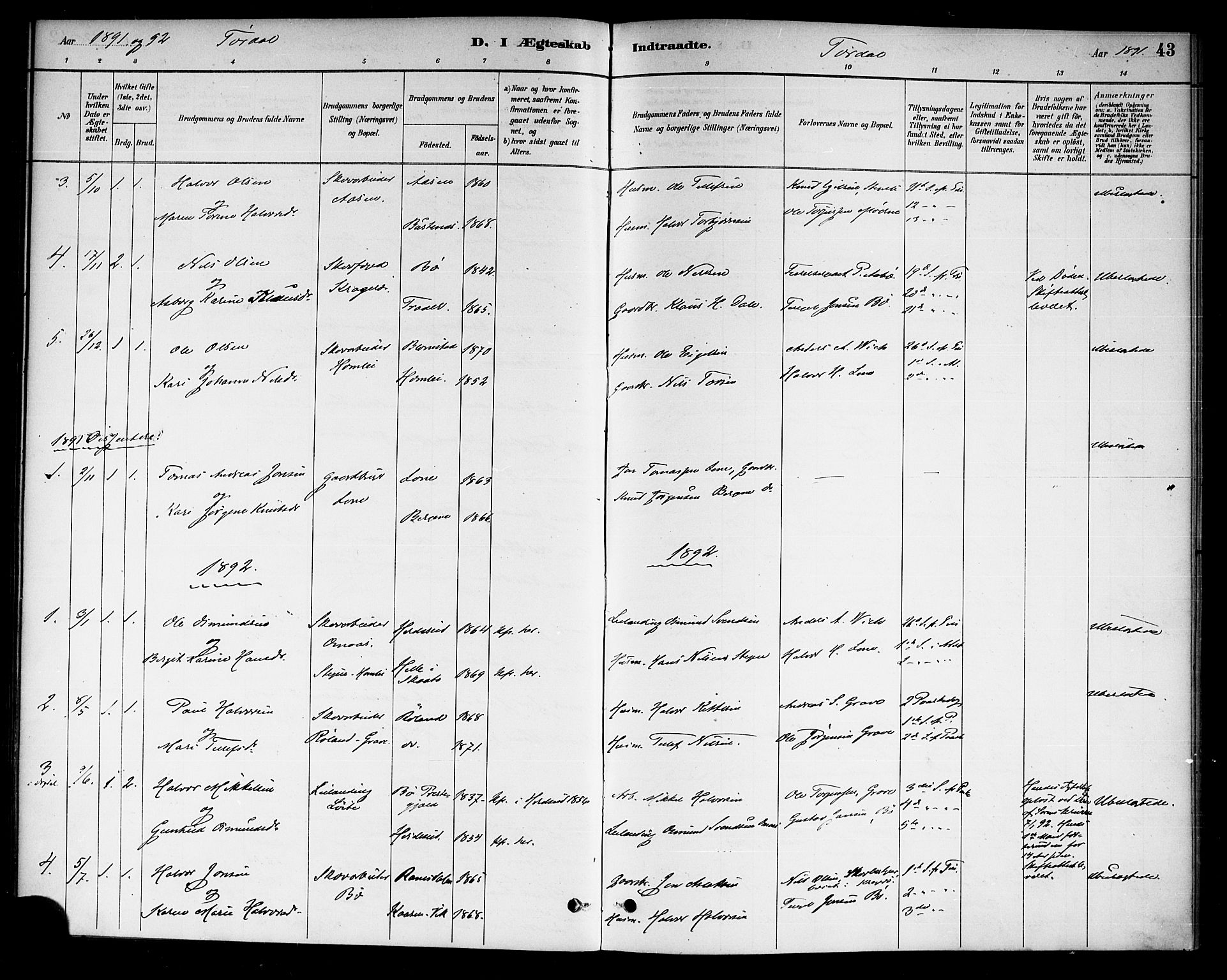 Drangedal kirkebøker, SAKO/A-258/F/Fa/L0011: Parish register (official) no. 11 /2, 1885-1894, p. 43