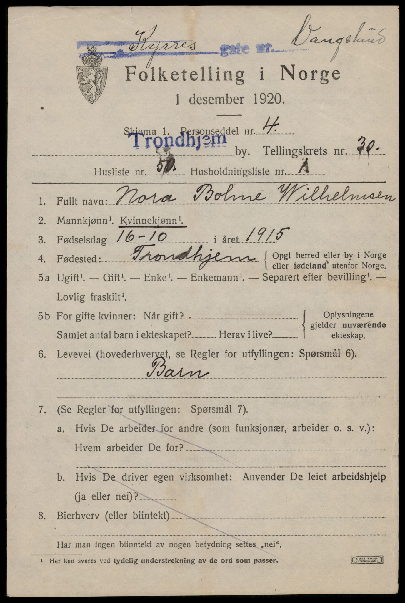 SAT, 1920 census for Trondheim, 1920, p. 76166