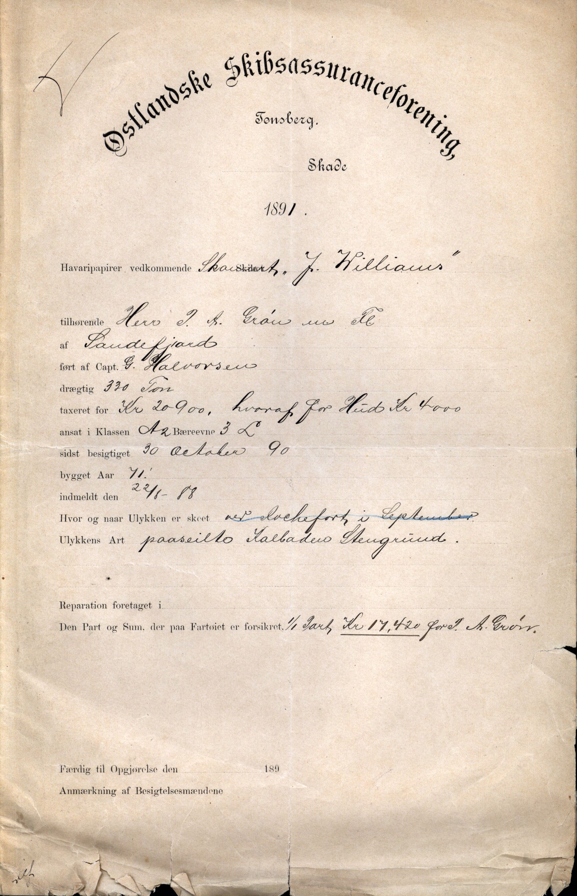 Pa 63 - Østlandske skibsassuranceforening, VEMU/A-1079/G/Ga/L0027/0005: Havaridokumenter / Activ, Sarah Humphrey, Lydia, Achilles, J. Williams, 1891, p. 22