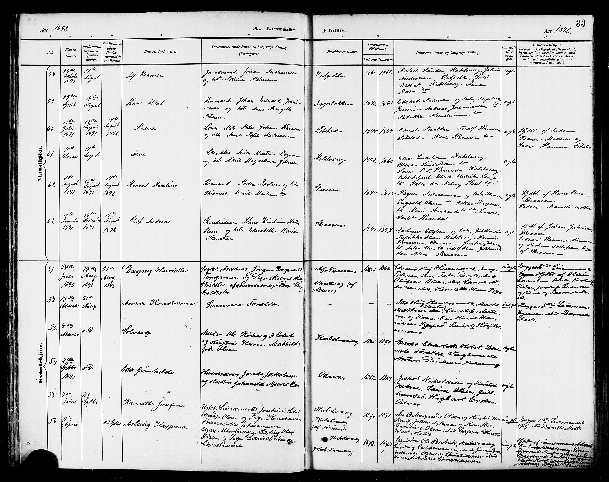 Ministerialprotokoller, klokkerbøker og fødselsregistre - Nordland, AV/SAT-A-1459/874/L1060: Parish register (official) no. 874A04, 1890-1899, p. 33