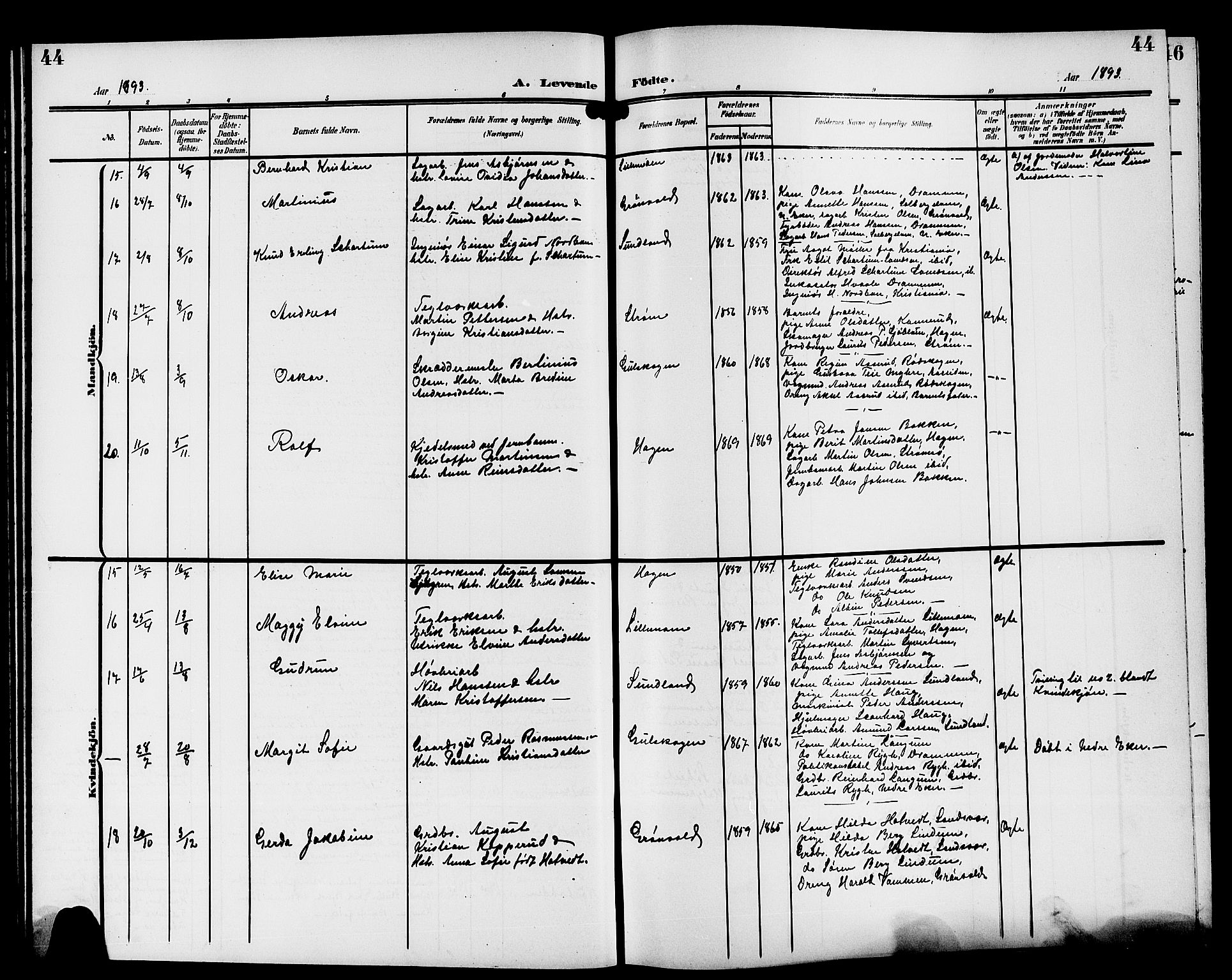 Strømsgodset kirkebøker, AV/SAKO-A-324/G/Ga/L0002: Parish register (copy) no. 2, 1885-1910, p. 44