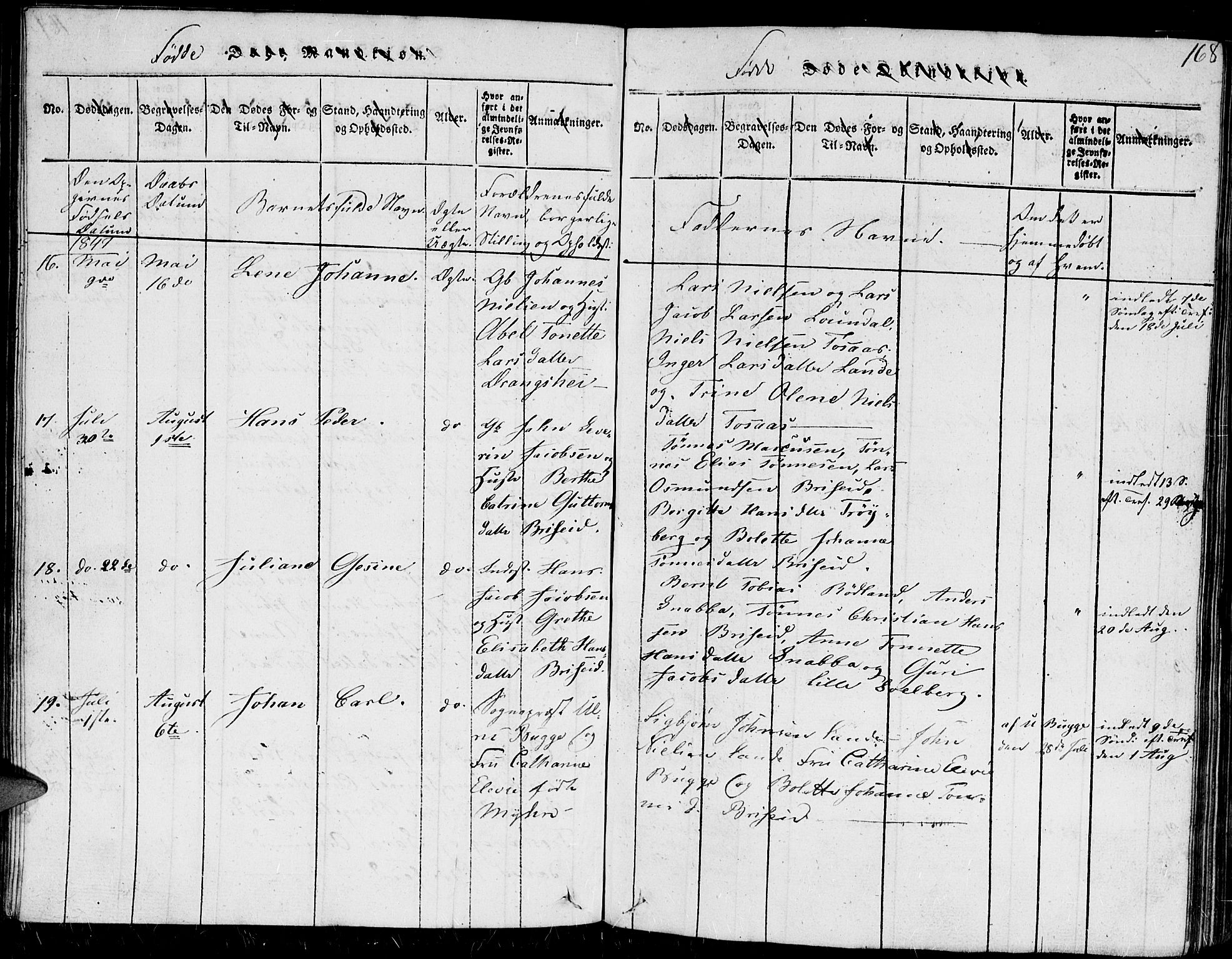 Herad sokneprestkontor, SAK/1111-0018/F/Fb/Fba/L0001: Parish register (copy) no. B 1, 1815-1852, p. 168