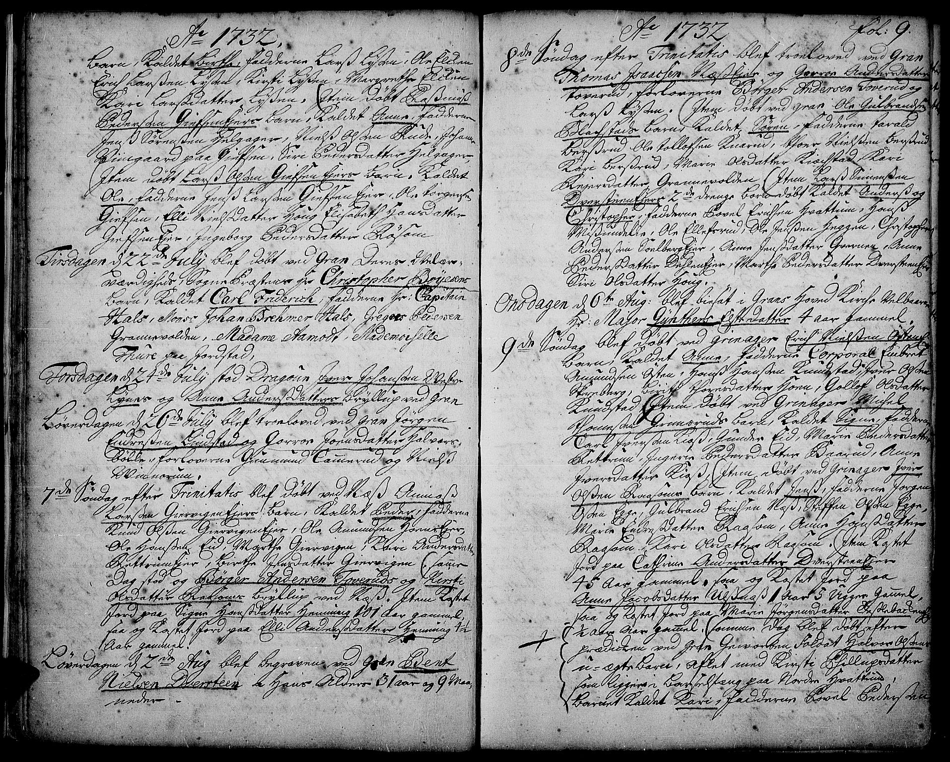 Gran prestekontor, SAH/PREST-112/H/Ha/Haa/L0002: Parish register (official) no. 2, 1732-1744, p. 9