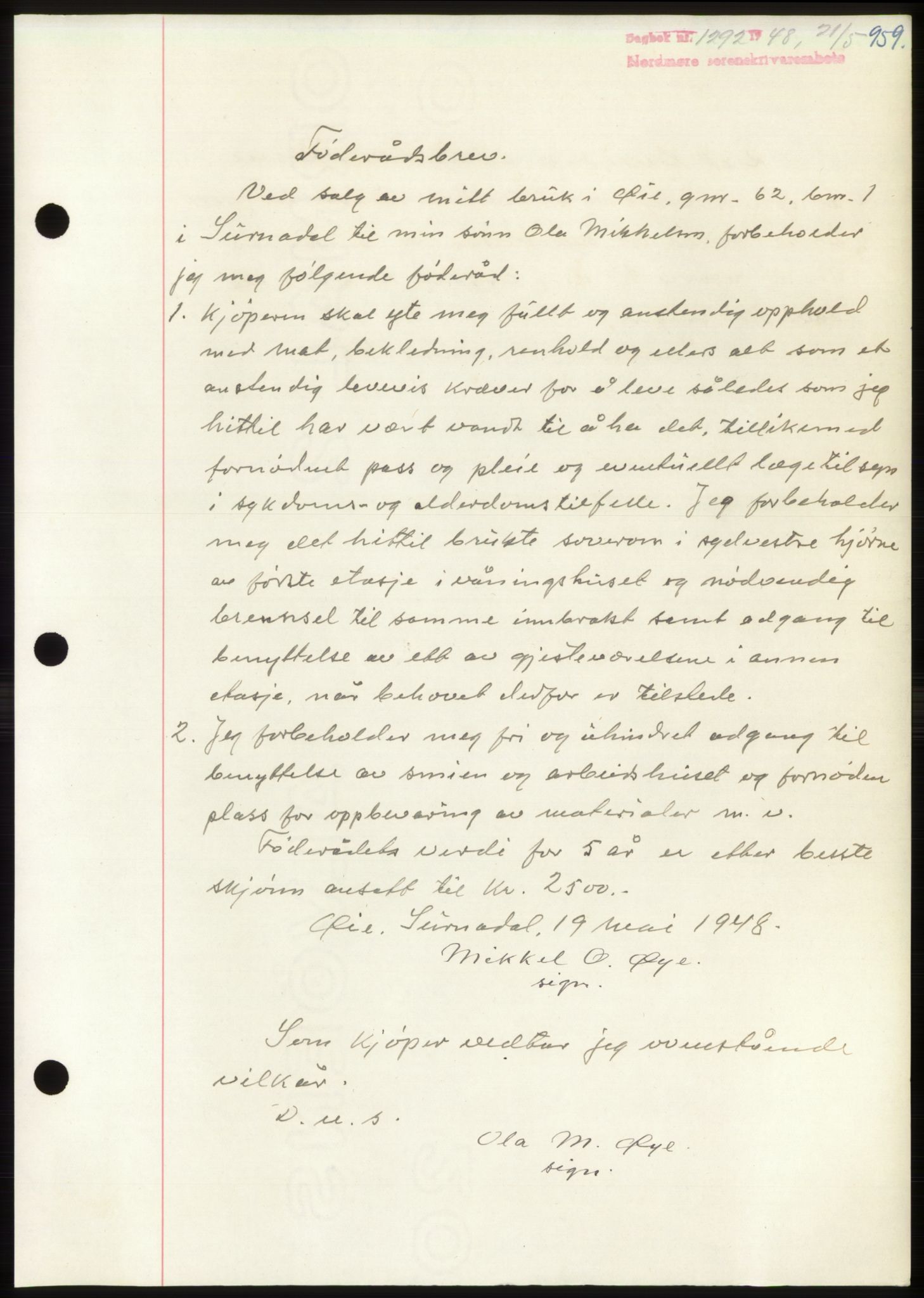 Nordmøre sorenskriveri, AV/SAT-A-4132/1/2/2Ca: Mortgage book no. B98, 1948-1948, Diary no: : 1292/1948