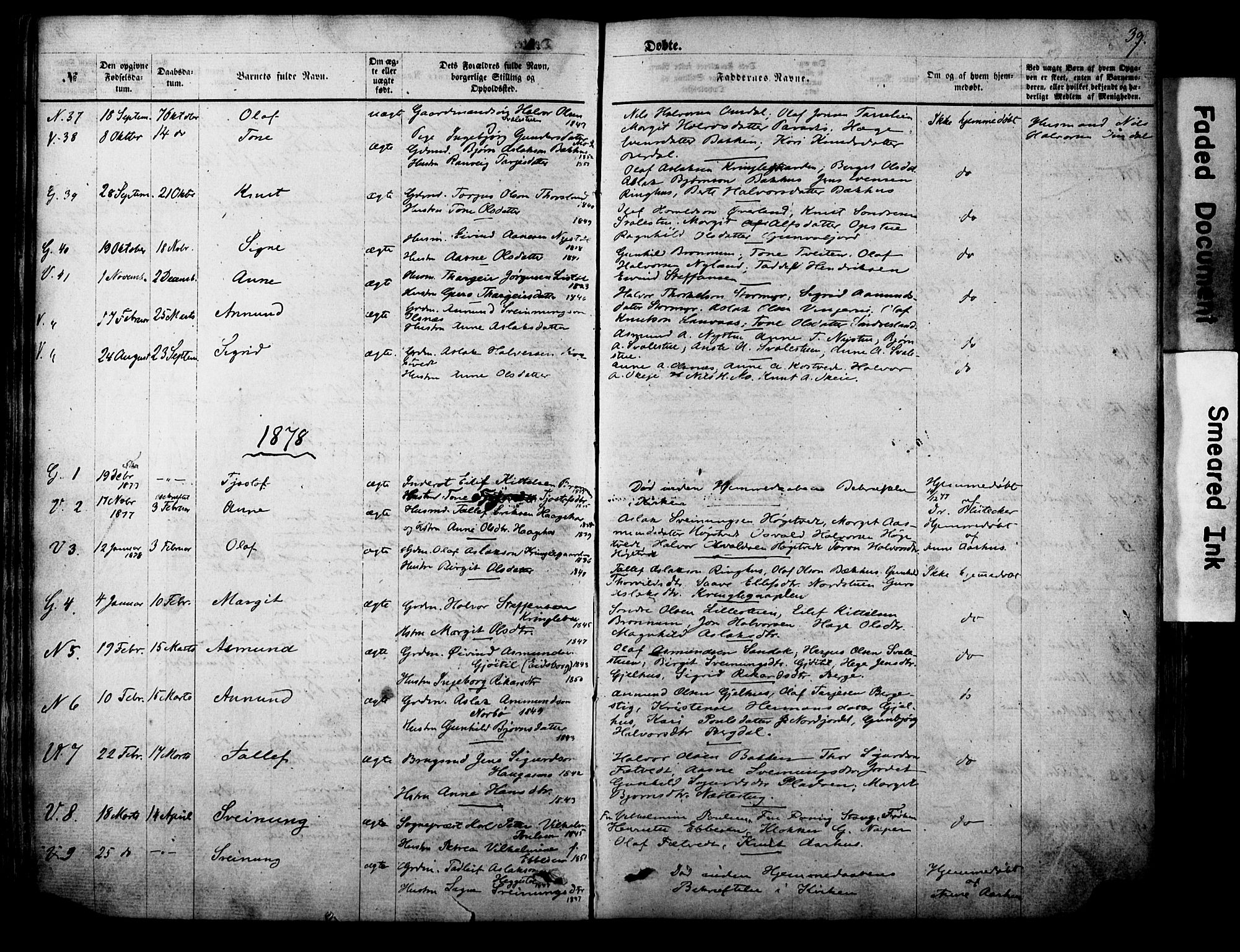 Vinje kirkebøker, AV/SAKO-A-312/F/Fa/L0005: Parish register (official) no. I 5, 1870-1886, p. 39