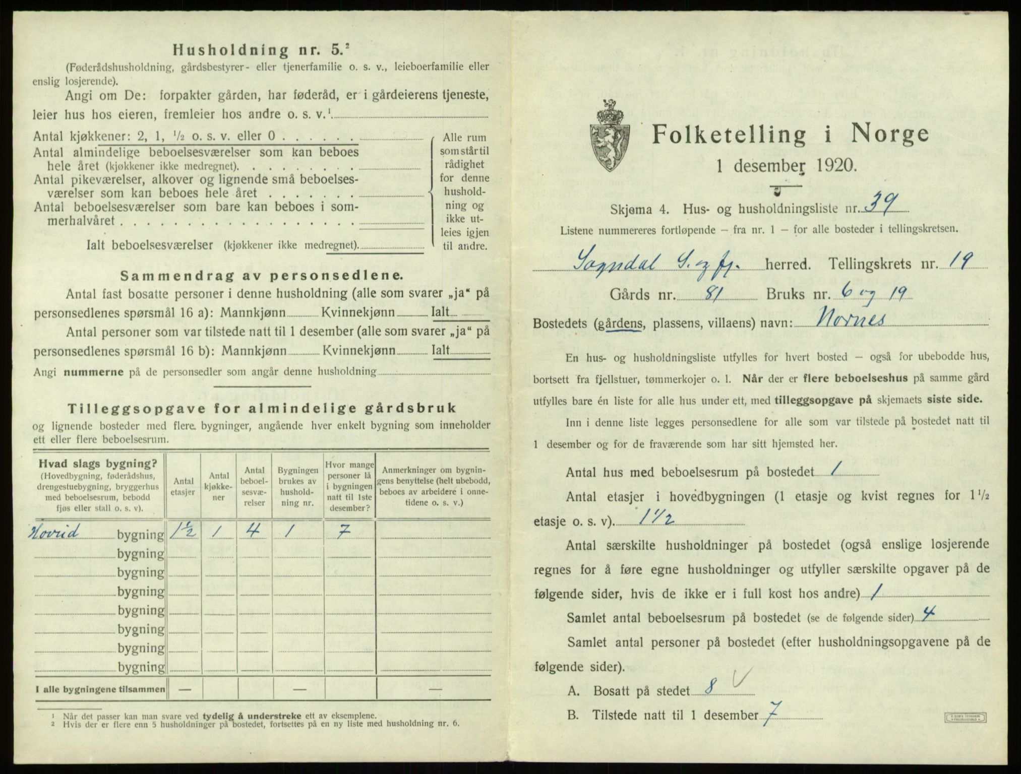 SAB, 1920 census for Sogndal, 1920, p. 1099