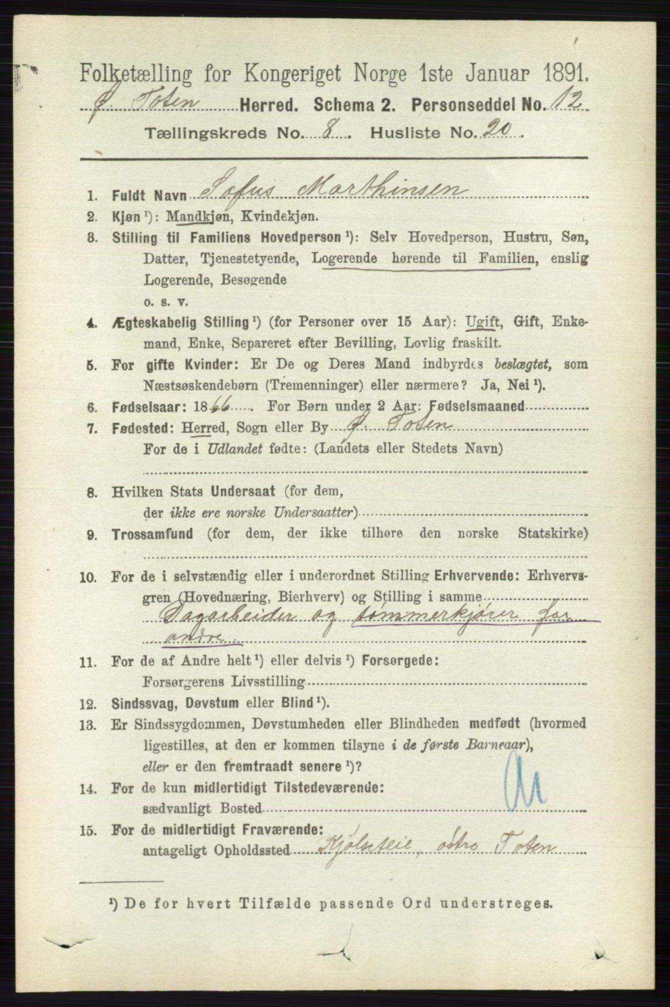 RA, 1891 census for 0528 Østre Toten, 1891, p. 5125