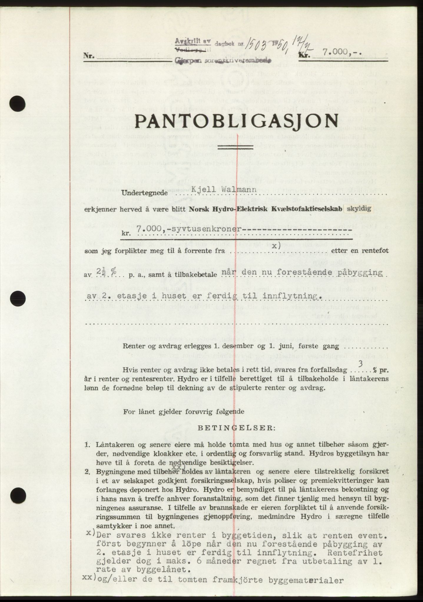 Gjerpen sorenskriveri, AV/SAKO-A-216/G/Ga/Gaf/L0009: Mortgage book no. B-84 - B-85, 1950-1950, Diary no: : 1503/1950