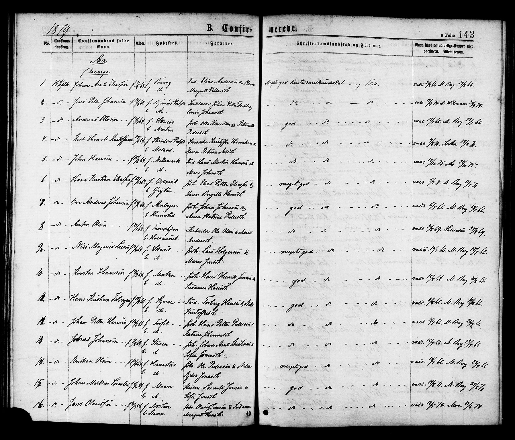 Ministerialprotokoller, klokkerbøker og fødselsregistre - Sør-Trøndelag, SAT/A-1456/655/L0679: Parish register (official) no. 655A08, 1873-1879, p. 143
