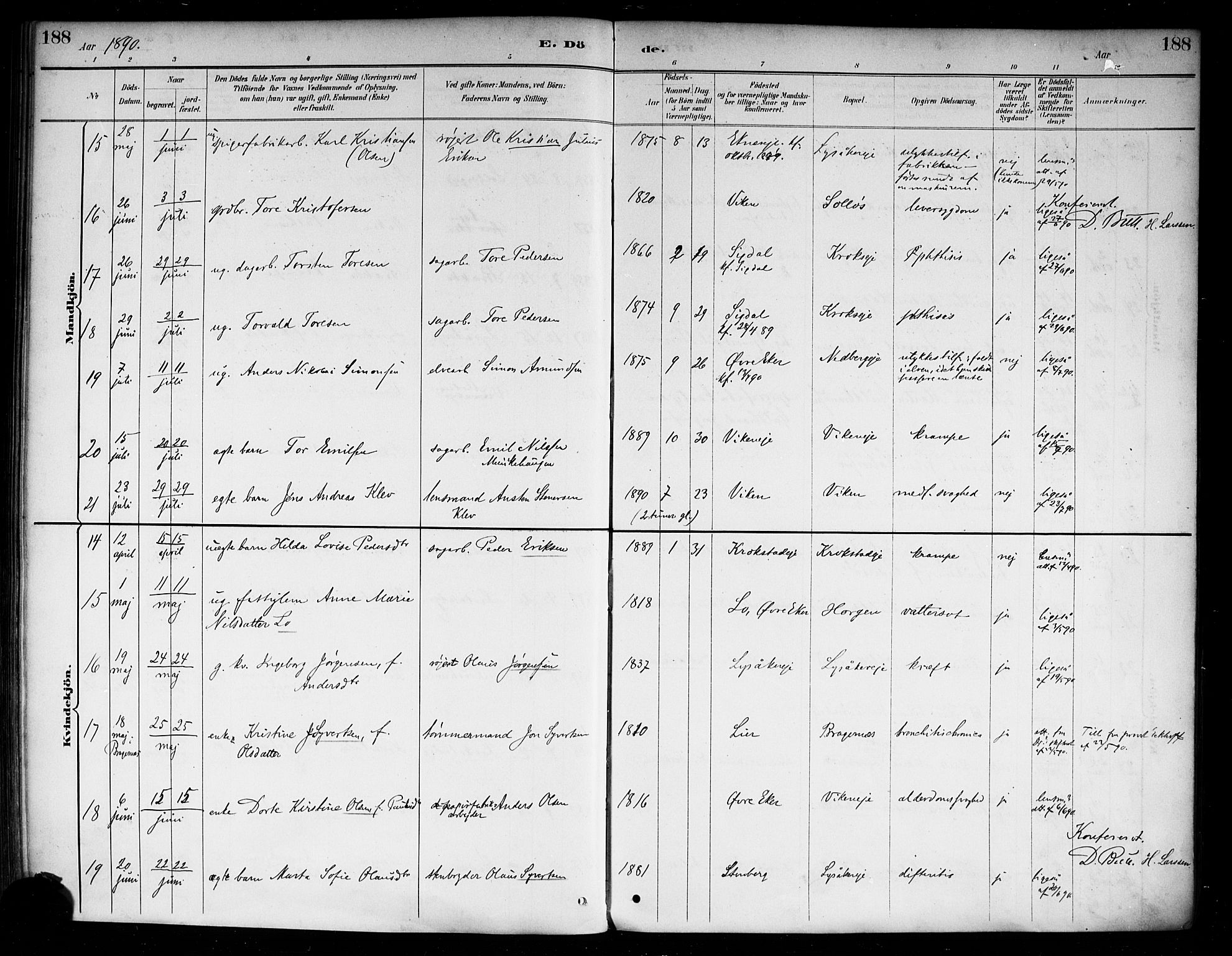 Nedre Eiker kirkebøker, AV/SAKO-A-612/F/Fa/L0003: Parish register (official) no. 3, 1885-1892, p. 188