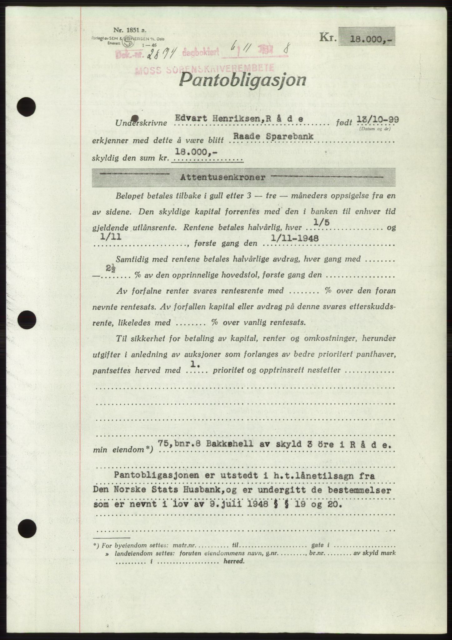 Moss sorenskriveri, AV/SAO-A-10168: Mortgage book no. B20, 1948-1948, Diary no: : 2874/1948