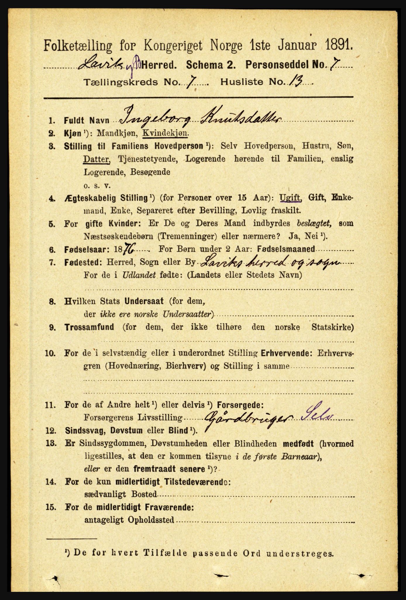 RA, 1891 census for 1415 Lavik og Brekke, 1891, p. 1436