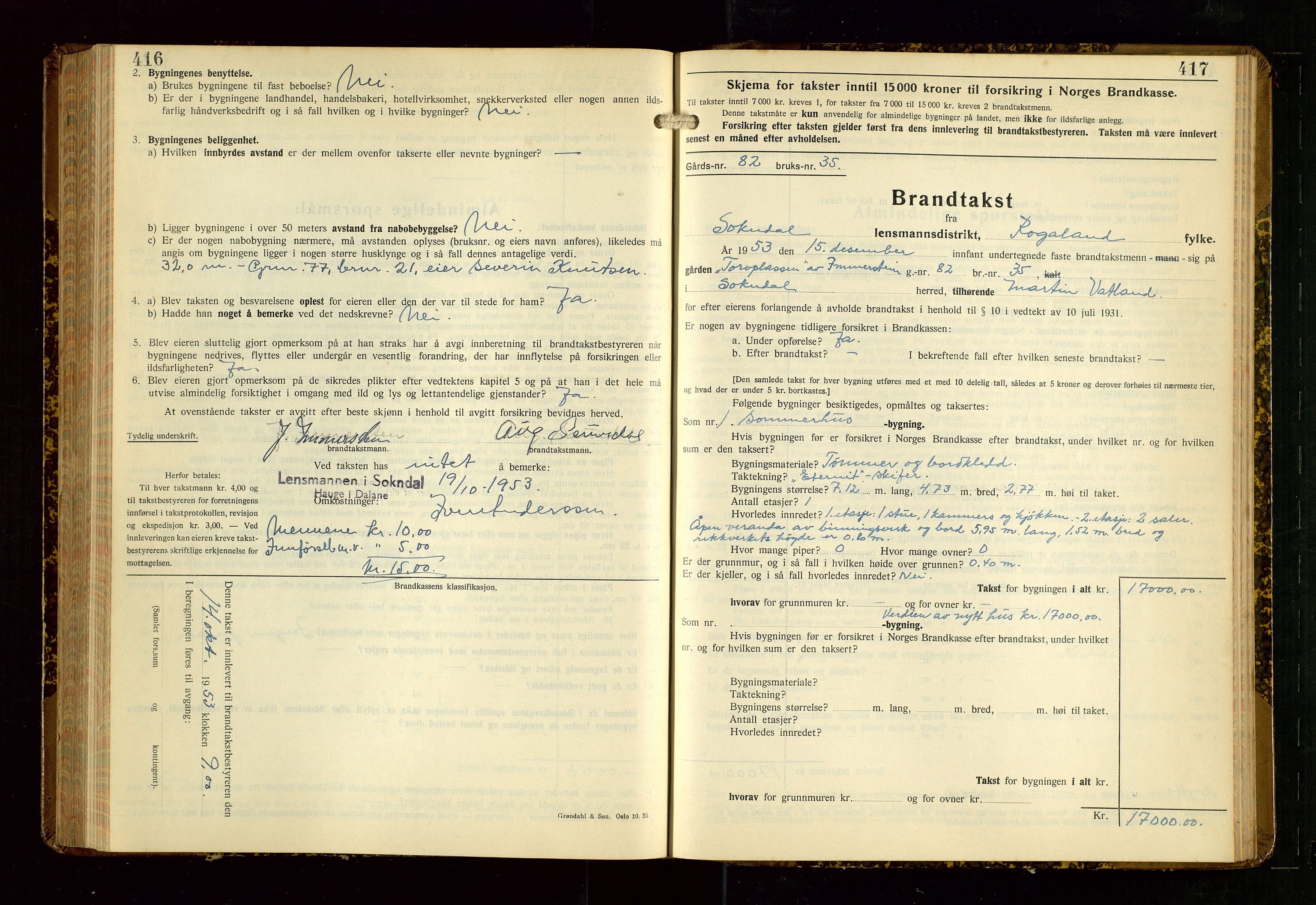 Sokndal lensmannskontor, AV/SAST-A-100417/Gob/L0008: "Brandtakst-Protokoll", 1937-1955, p. 416-417