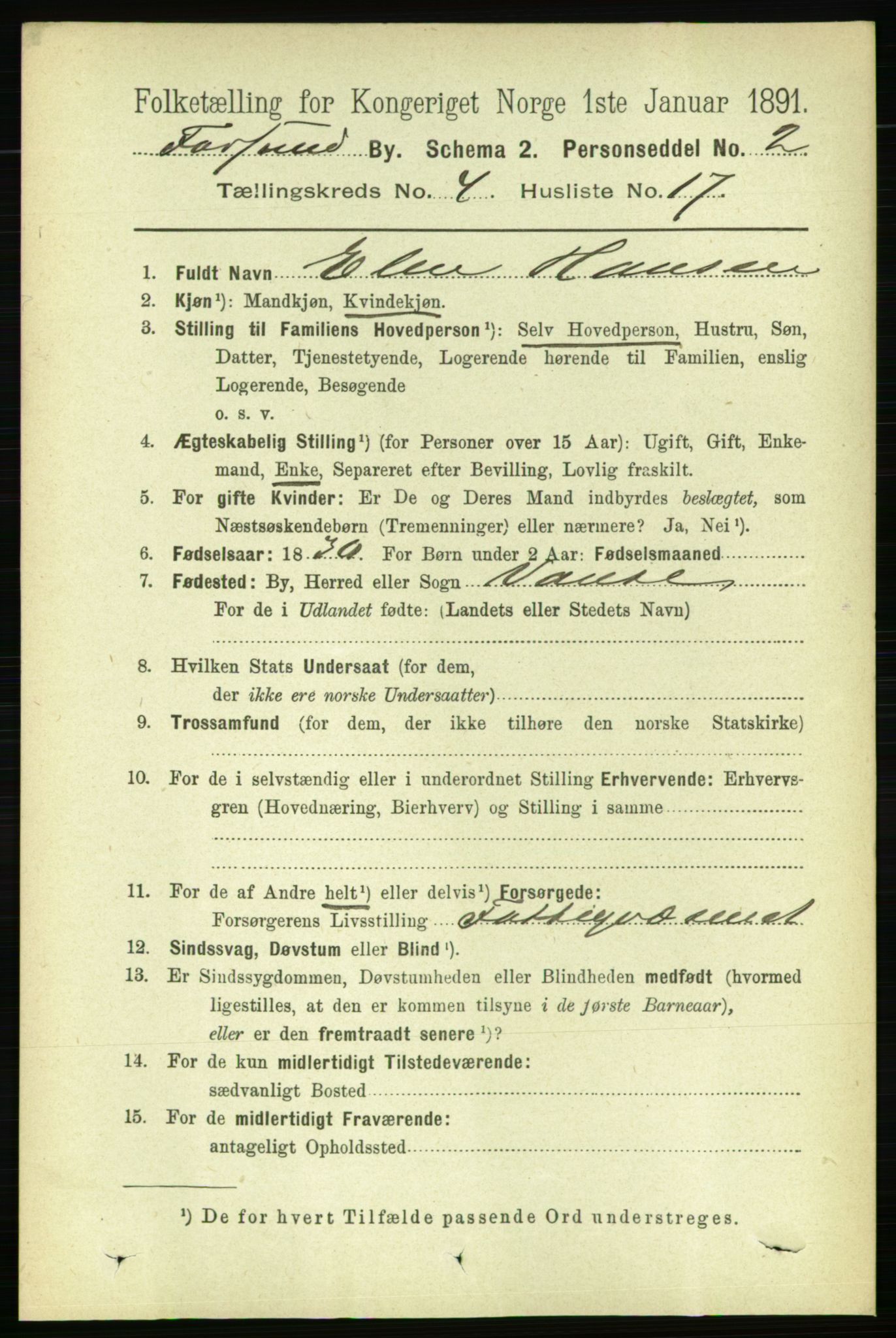 RA, 1891 census for 1003 Farsund, 1891, p. 1778