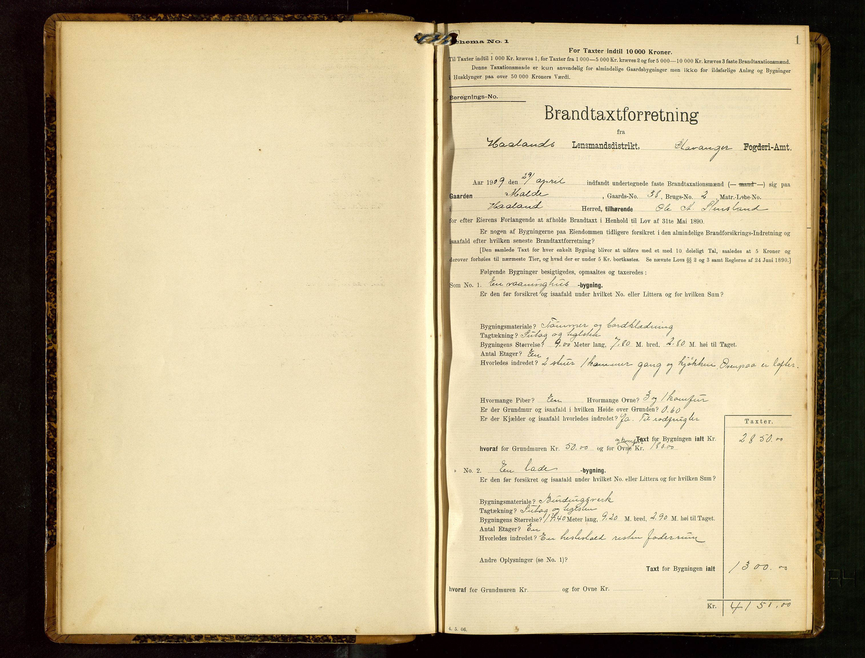 Håland lensmannskontor, SAST/A-100100/Gob/L0003: Branntakstprotokoll - skjematakst. Register i boken., 1909-1910, p. 1