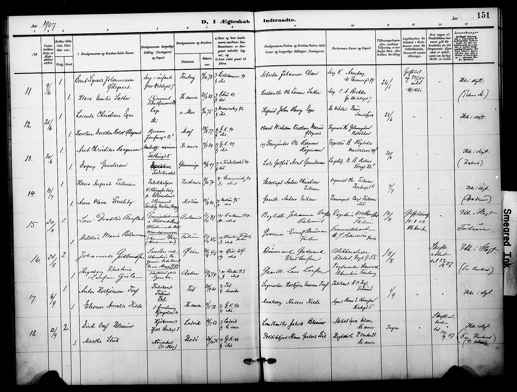 Garnisonsmenigheten Kirkebøker, SAO/A-10846/F/Fa/L0014: Parish register (official) no. 14, 1905-1914, p. 151