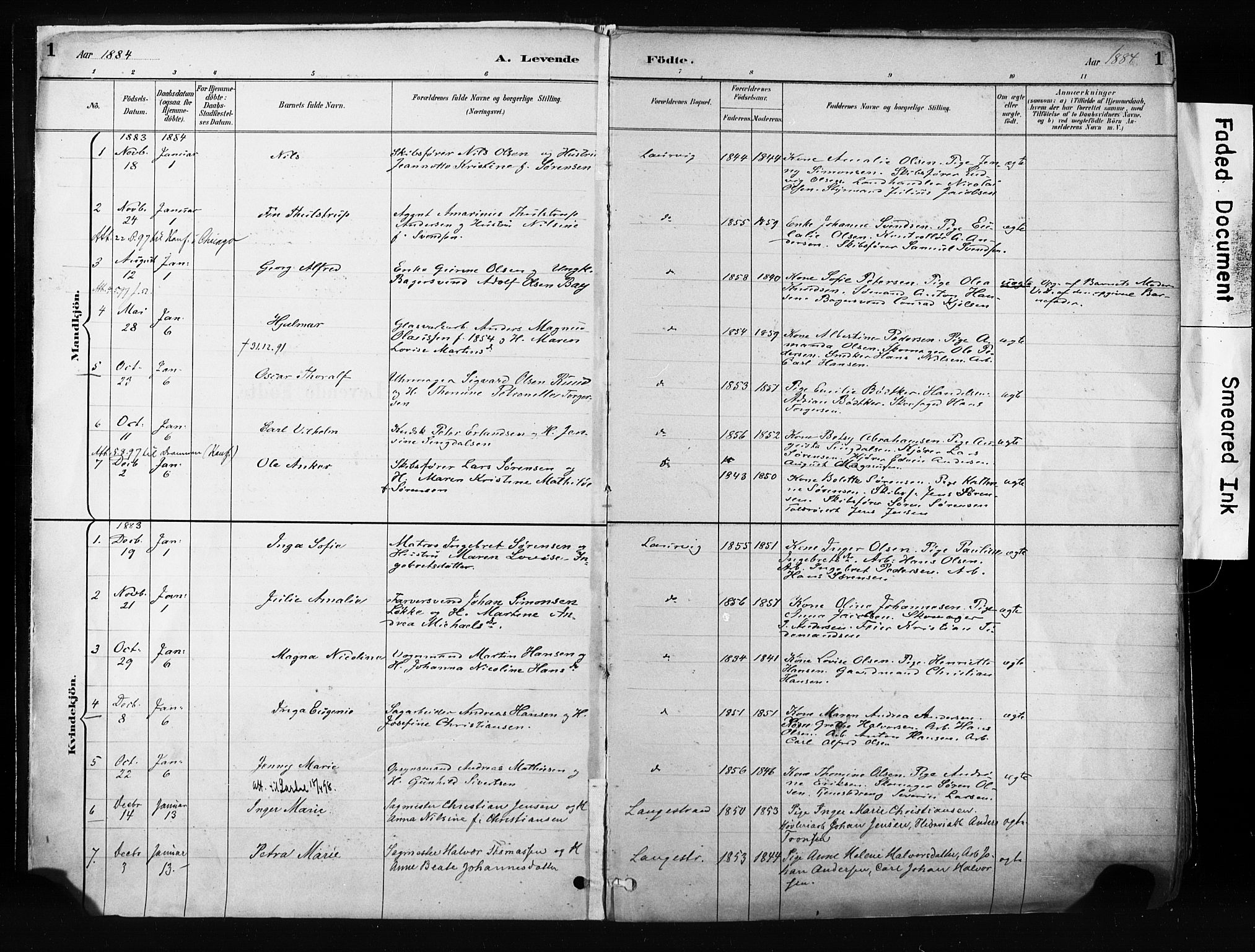 Larvik kirkebøker, AV/SAKO-A-352/F/Fa/L0009: Parish register (official) no. I 9, 1884-1904, p. 1