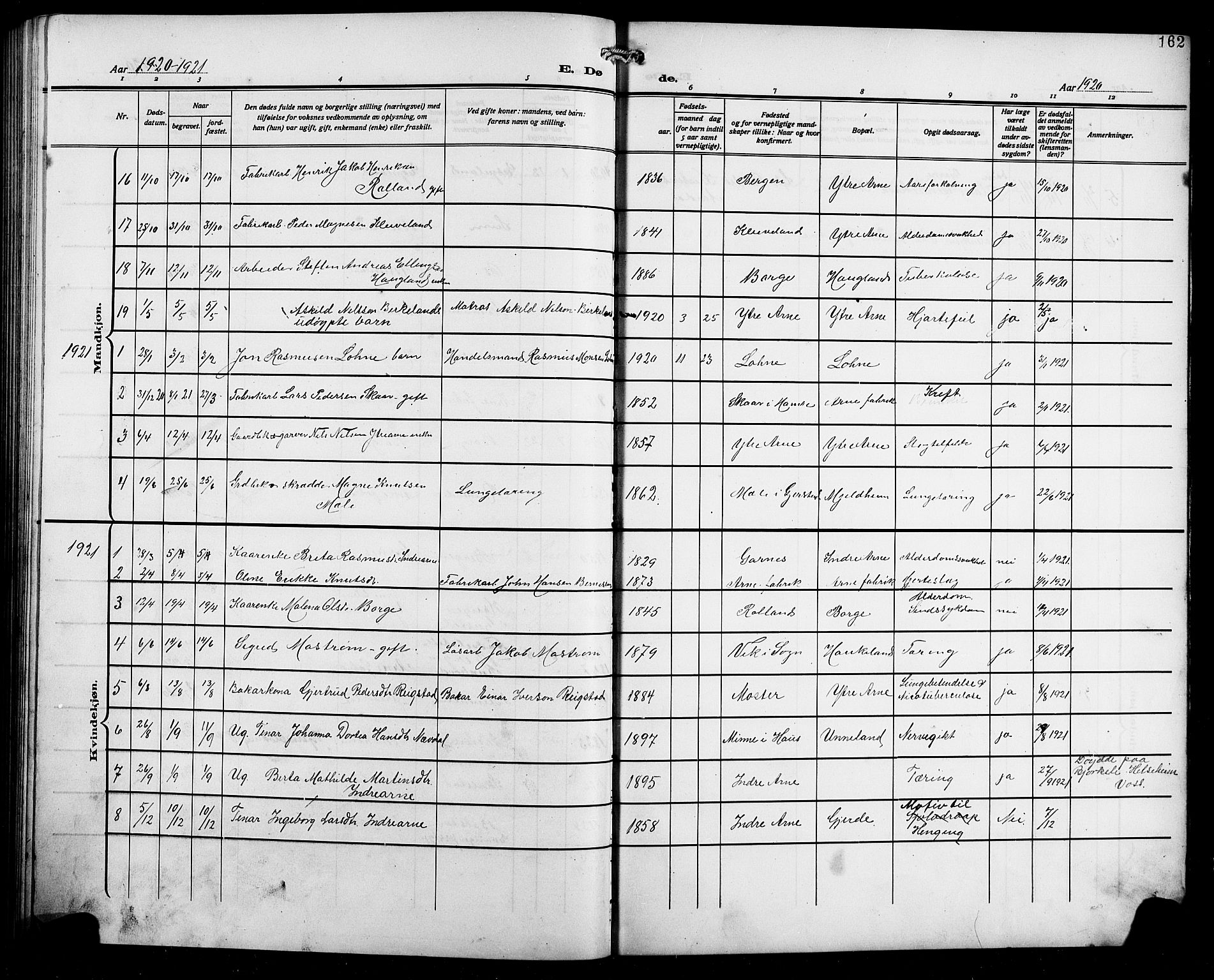 Arna Sokneprestembete, SAB/A-74001/H/Ha/Hab: Parish register (copy) no. A 5, 1911-1921, p. 162