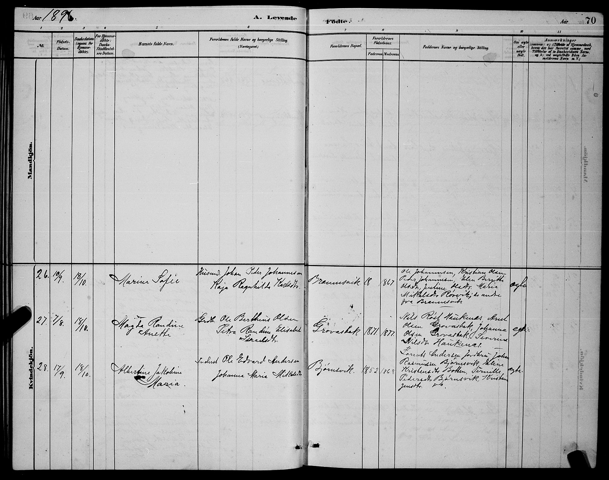 Ministerialprotokoller, klokkerbøker og fødselsregistre - Nordland, AV/SAT-A-1459/853/L0772: Parish register (official) no. 853A11, 1881-1900, p. 70