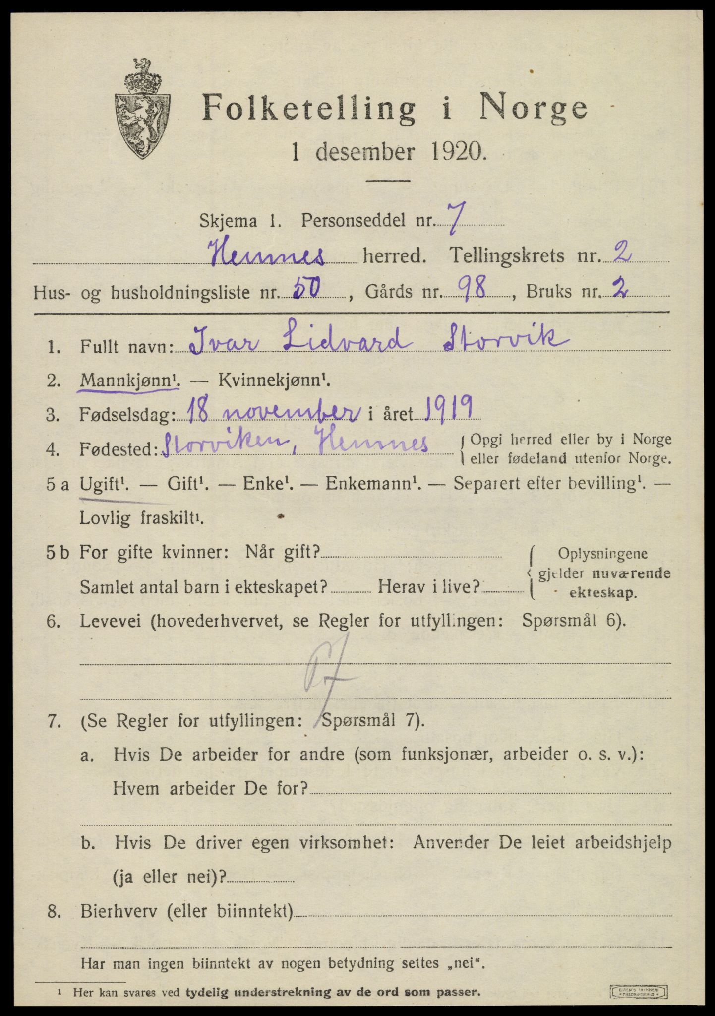 SAT, 1920 census for Hemnes, 1920, p. 4404