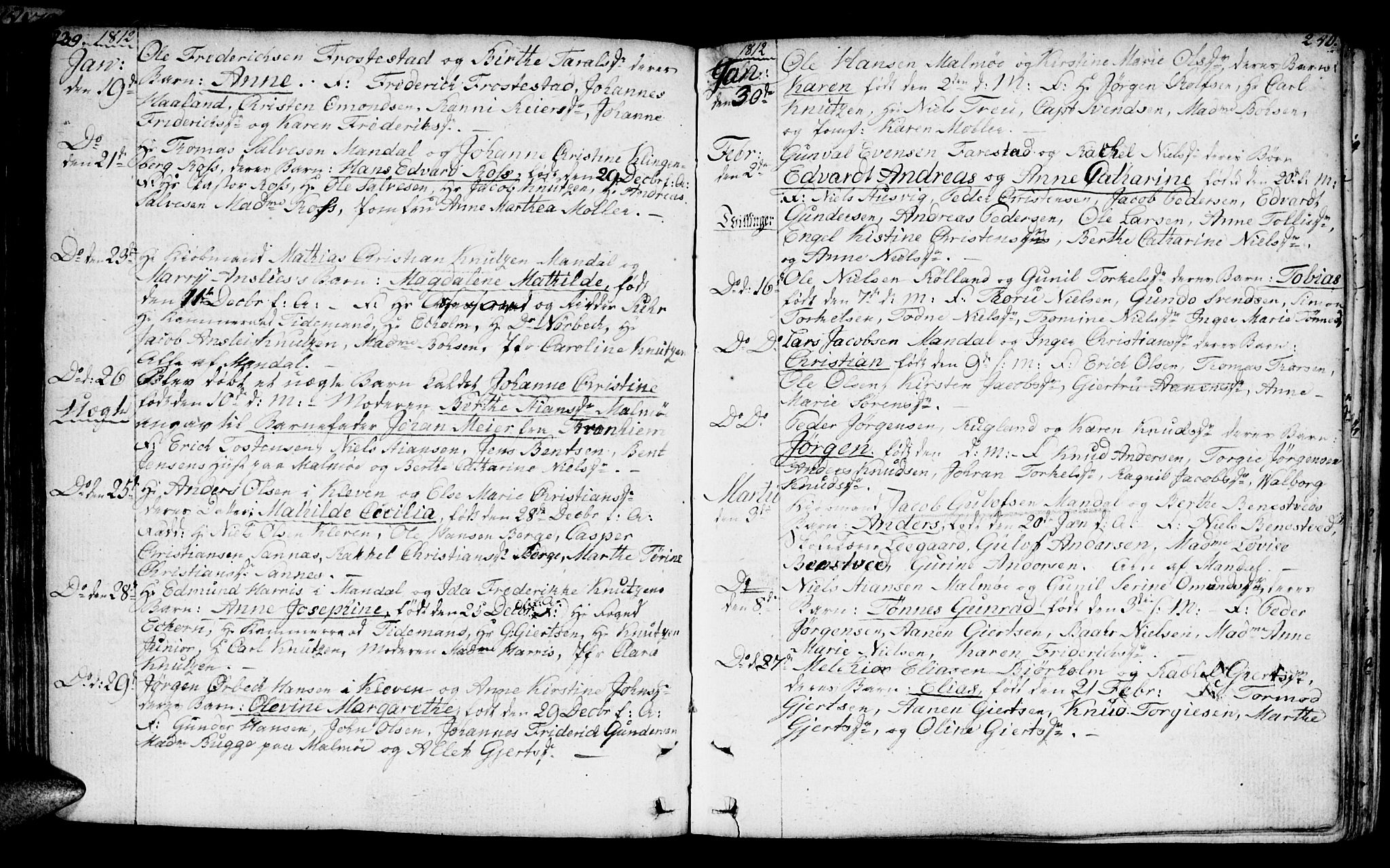 Mandal sokneprestkontor, AV/SAK-1111-0030/F/Fa/Faa/L0008: Parish register (official) no. A 8, 1794-1817, p. 239-240