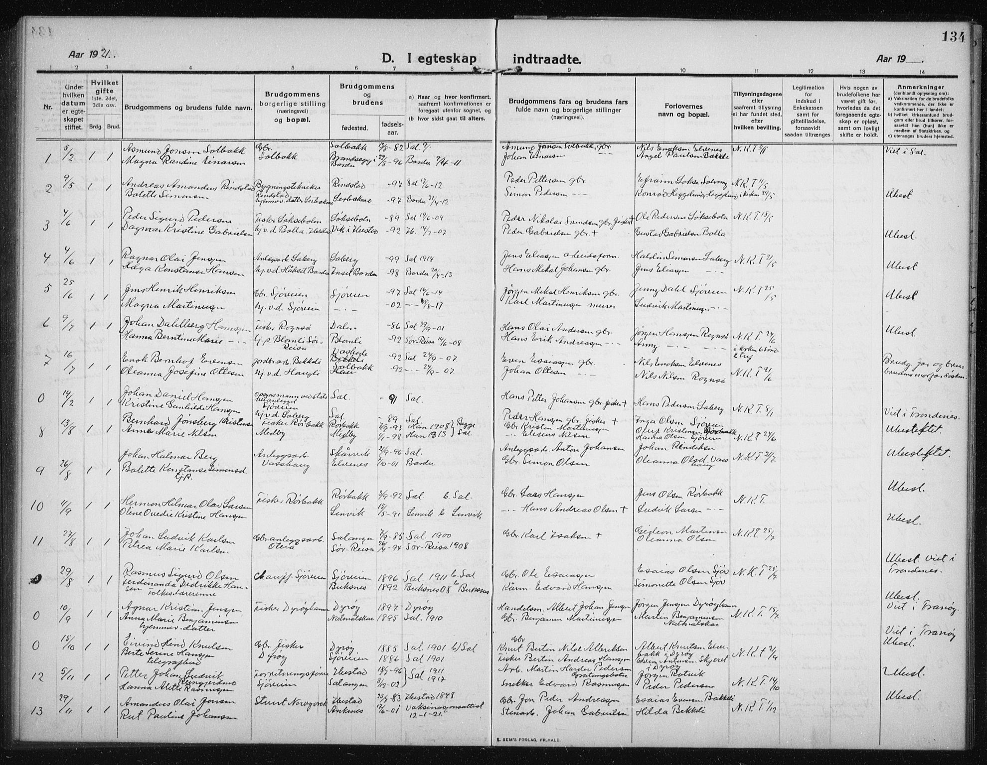 Salangen sokneprestembete, AV/SATØ-S-1324/H/Hb/L0005klokker: Parish register (copy) no. 5, 1918-1937, p. 134