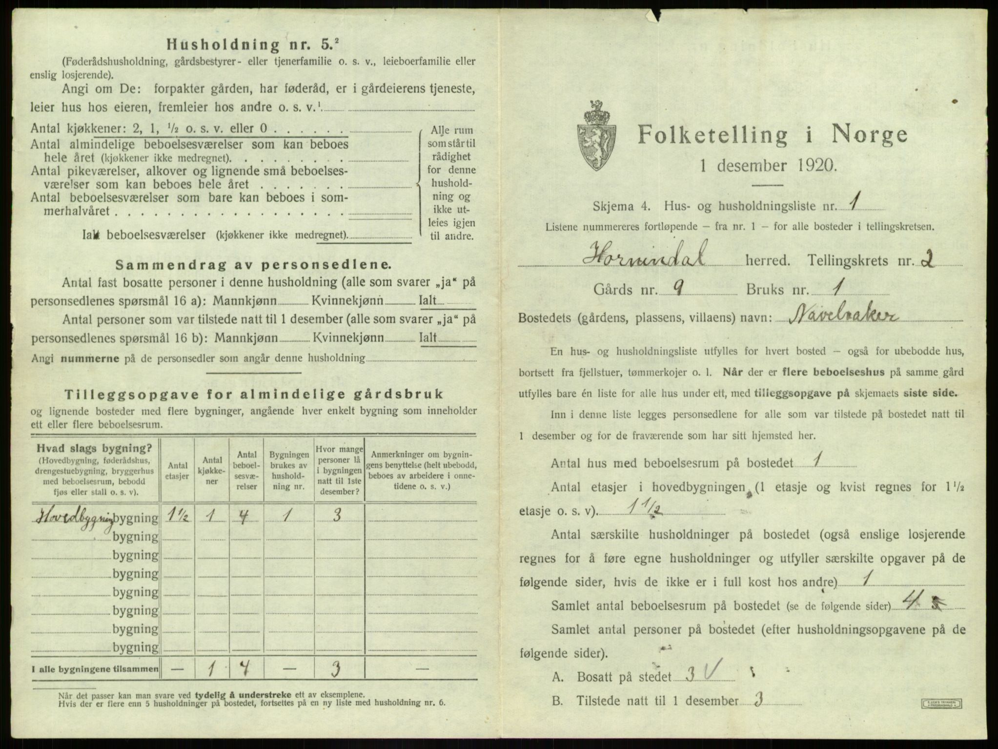 SAB, 1920 census for Hornindal, 1920, p. 82