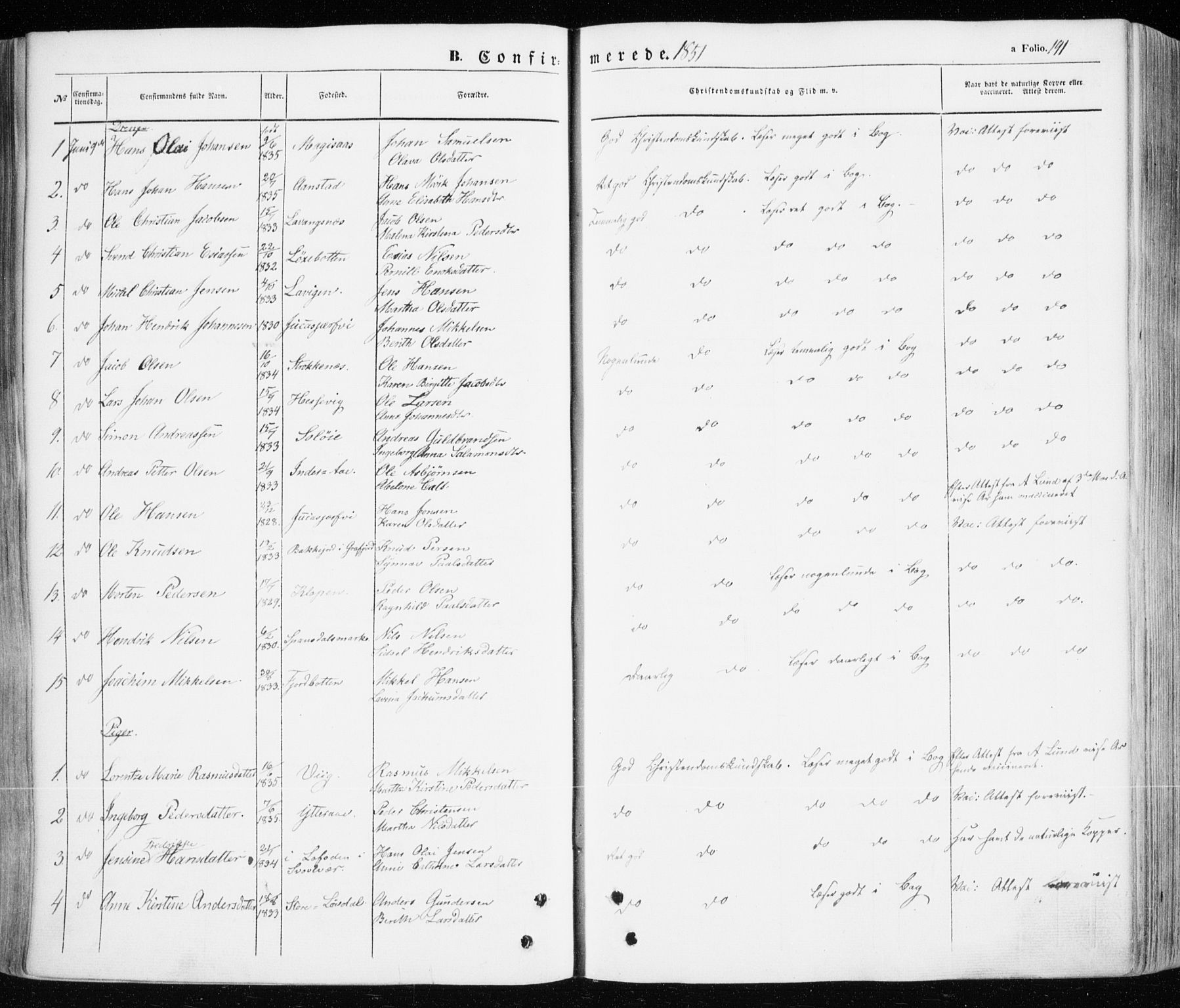 Ibestad sokneprestembete, SATØ/S-0077/H/Ha/Haa/L0008kirke: Parish register (official) no. 8, 1850-1859, p. 191
