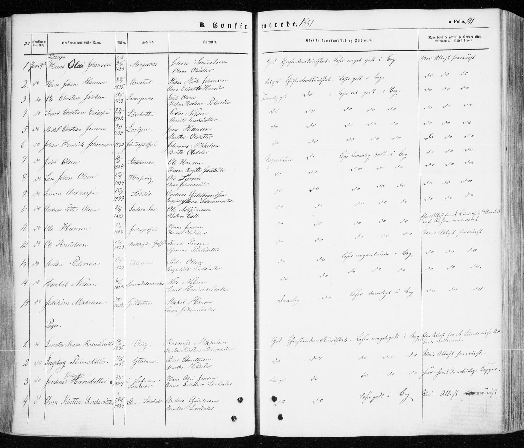 Ibestad sokneprestembete, AV/SATØ-S-0077/H/Ha/Haa/L0008kirke: Parish register (official) no. 8, 1850-1859, p. 191