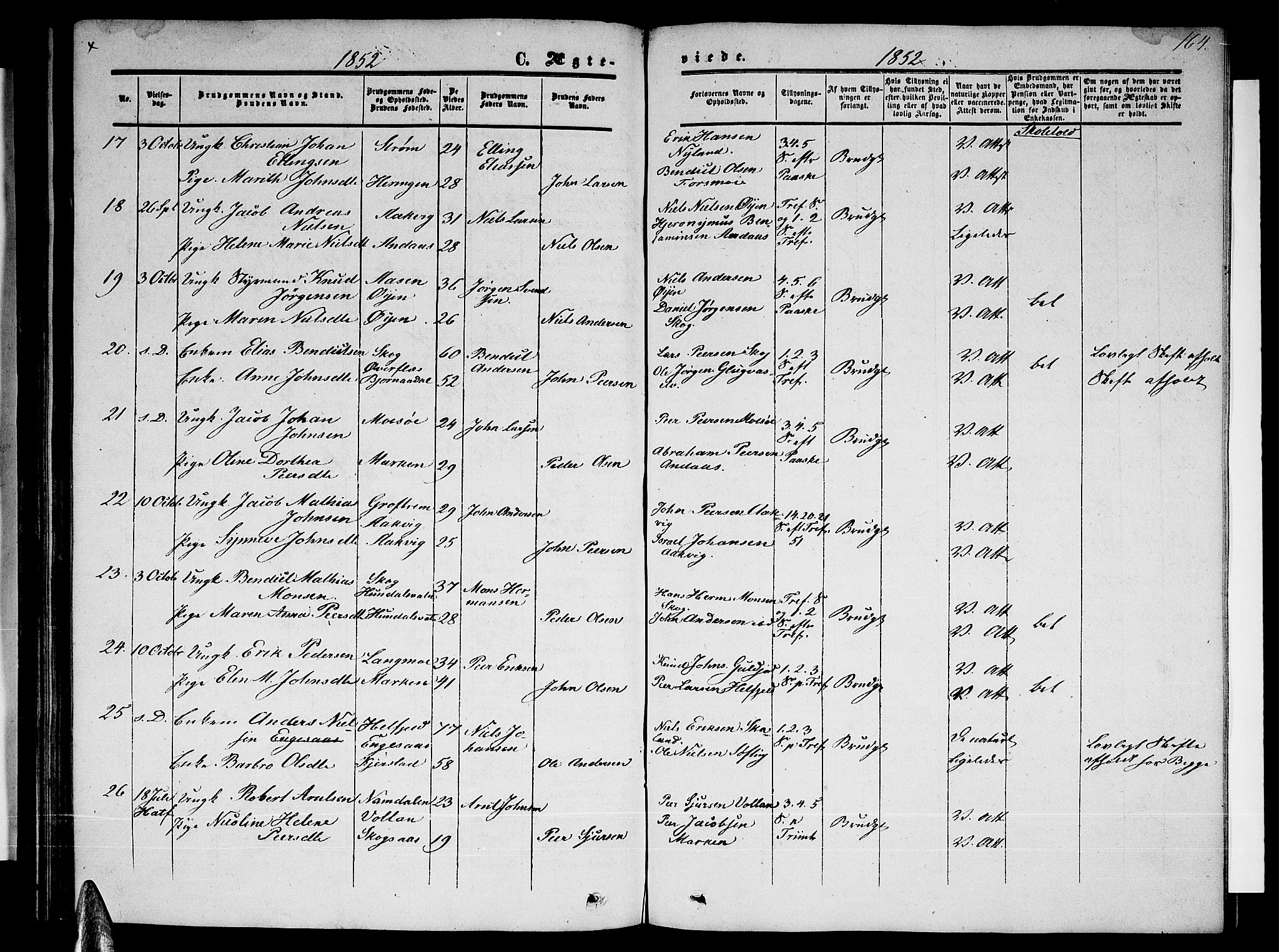 Ministerialprotokoller, klokkerbøker og fødselsregistre - Nordland, SAT/A-1459/820/L0301: Parish register (copy) no. 820C03, 1851-1858, p. 164