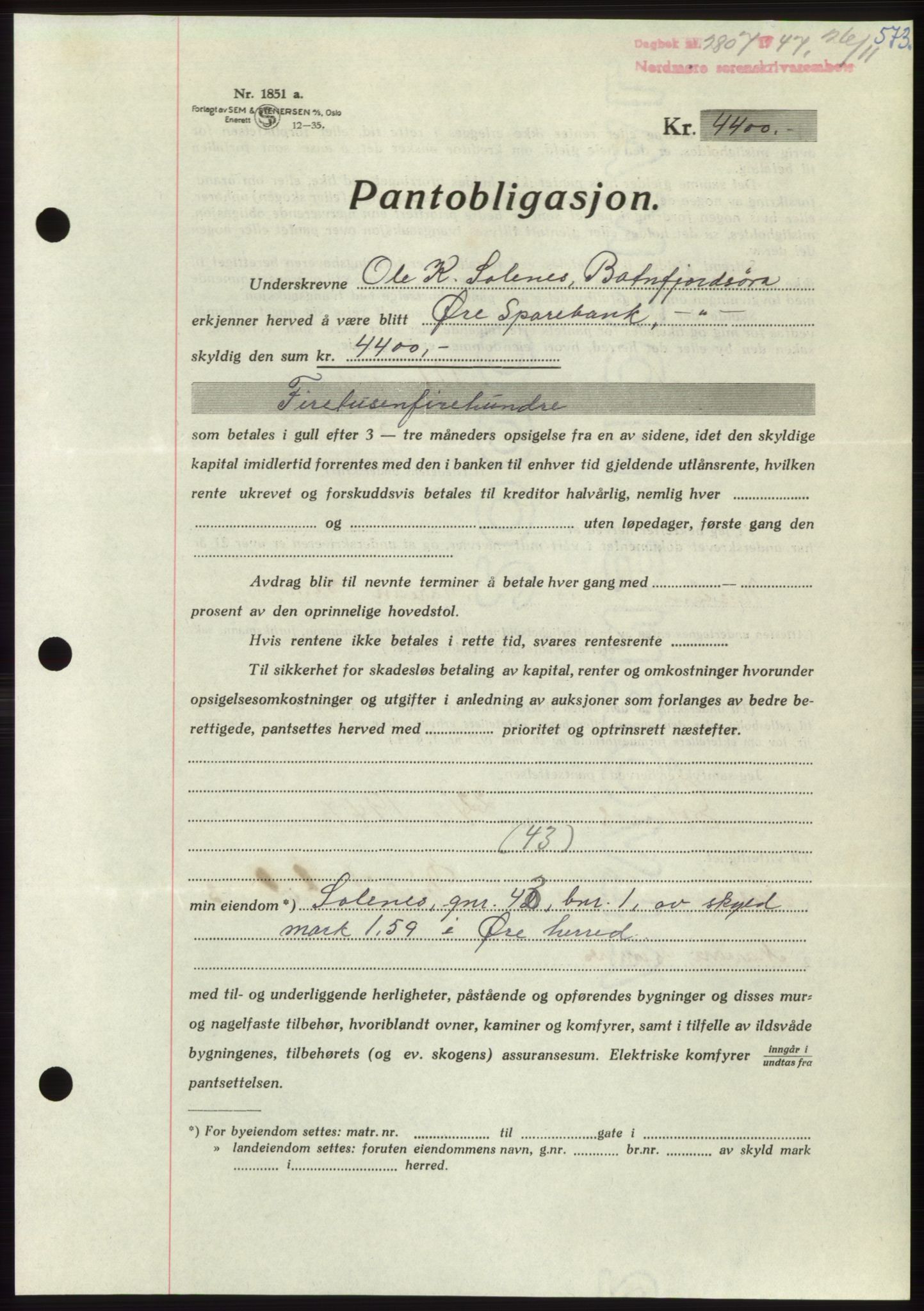 Nordmøre sorenskriveri, AV/SAT-A-4132/1/2/2Ca: Mortgage book no. B97, 1947-1948, Diary no: : 2807/1947