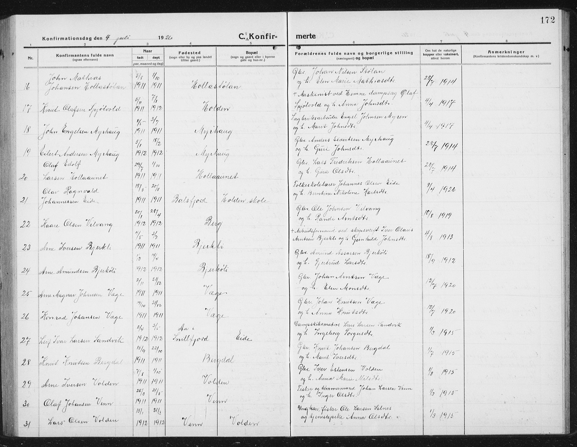 Ministerialprotokoller, klokkerbøker og fødselsregistre - Sør-Trøndelag, SAT/A-1456/630/L0506: Parish register (copy) no. 630C04, 1914-1933, p. 172