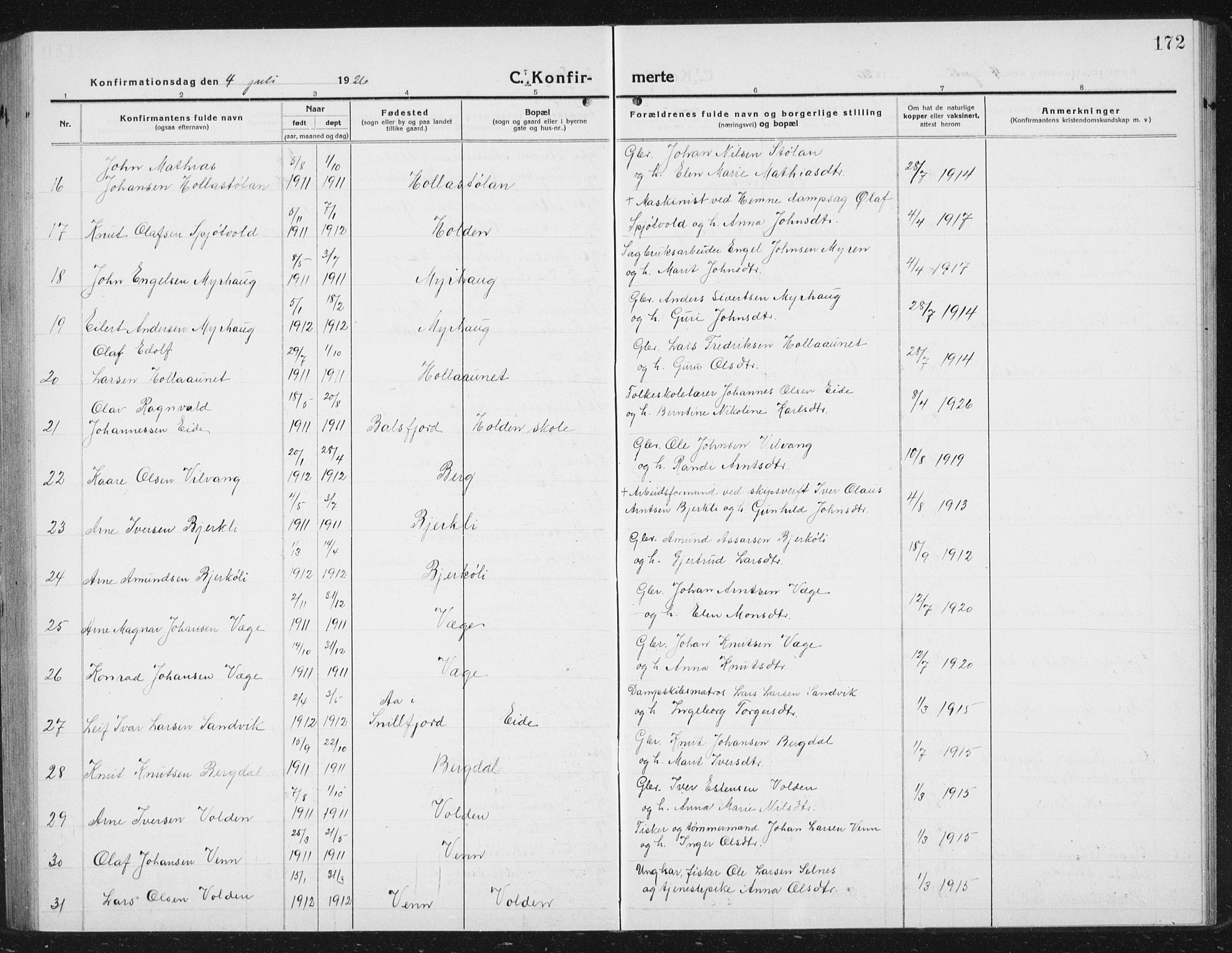 Ministerialprotokoller, klokkerbøker og fødselsregistre - Sør-Trøndelag, AV/SAT-A-1456/630/L0506: Parish register (copy) no. 630C04, 1914-1933, p. 172