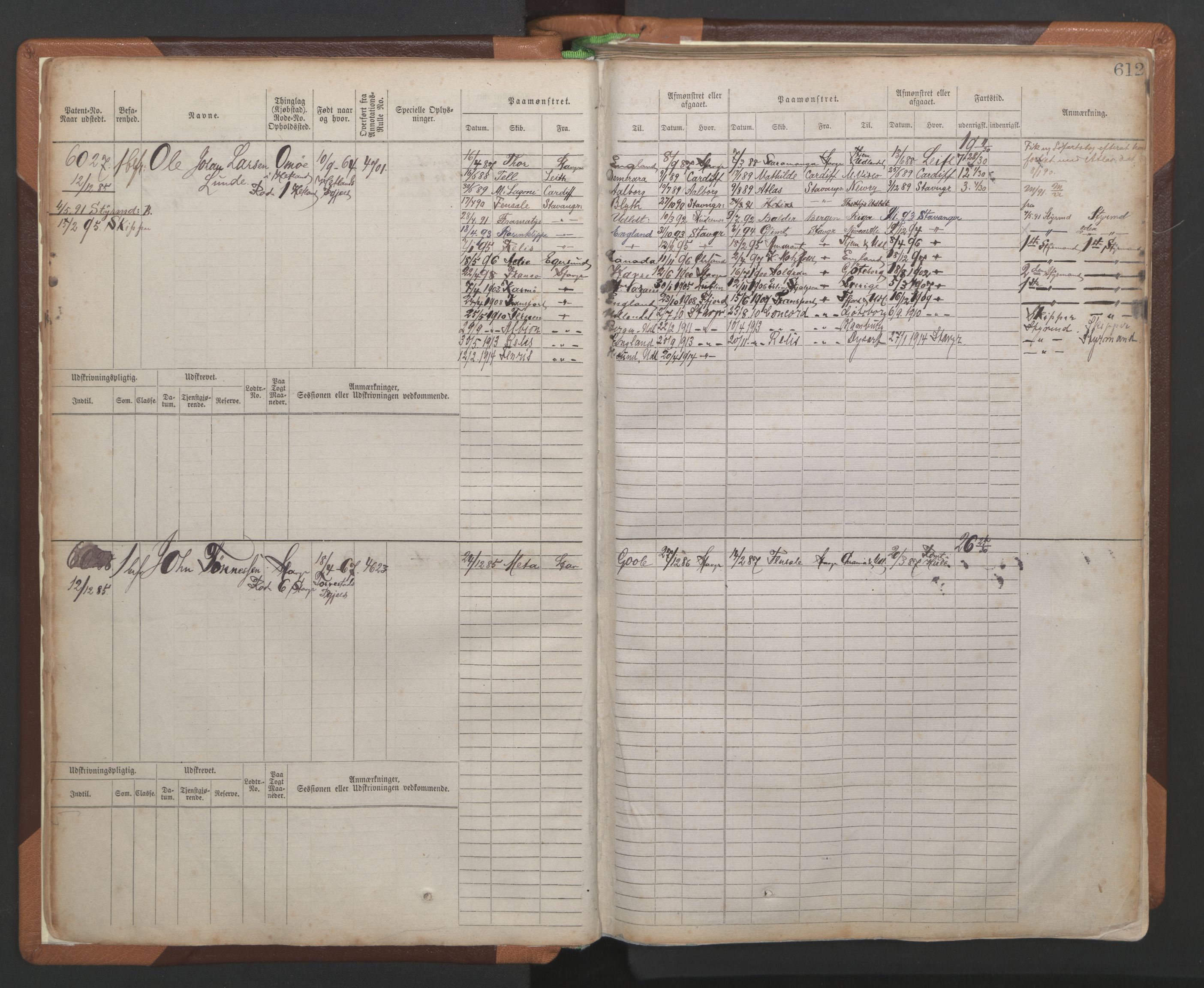 Stavanger sjømannskontor, AV/SAST-A-102006/F/Fb/Fbb/L0010: Sjøfartshovedrulle, patentnr. 6007-6606 (del 1), 1887-1896, p. 16