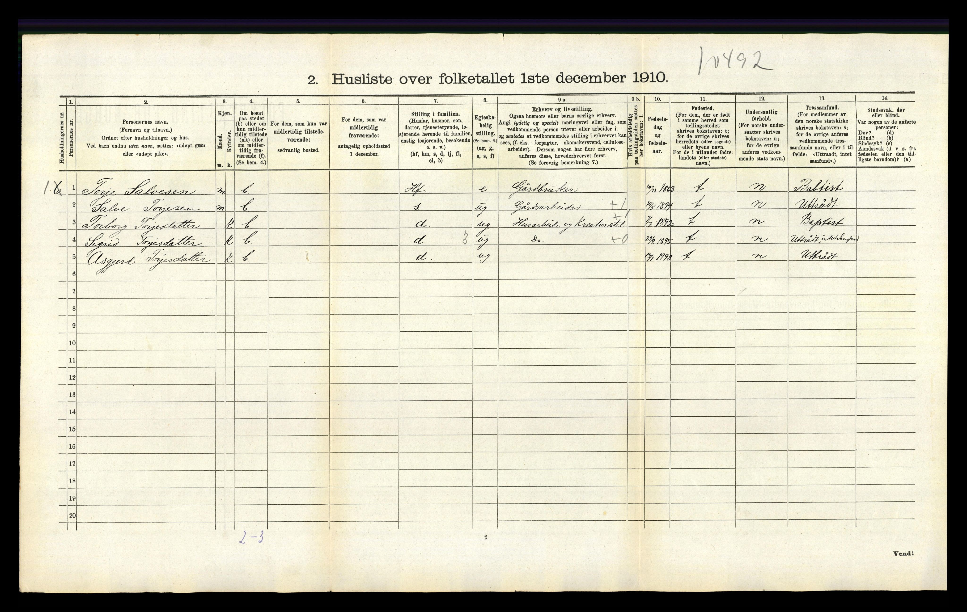 RA, 1910 census for Tonstad, 1910, p. 211