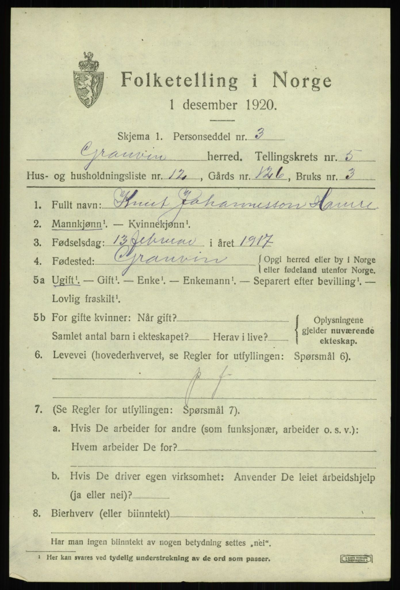 SAB, 1920 census for Granvin, 1920, p. 2494