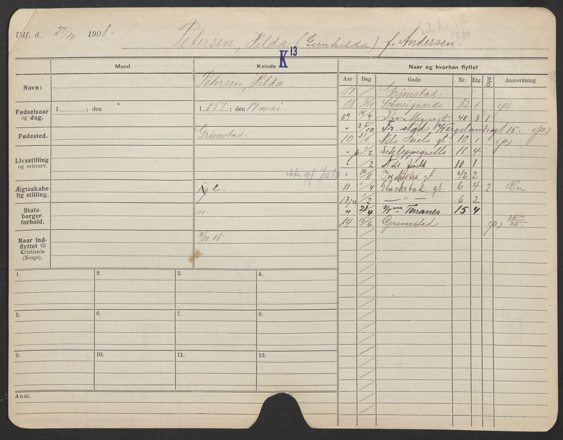 Oslo folkeregister, Registerkort, AV/SAO-A-11715/F/Fa/Fac/L0022: Kvinner, 1906-1914, p. 965a