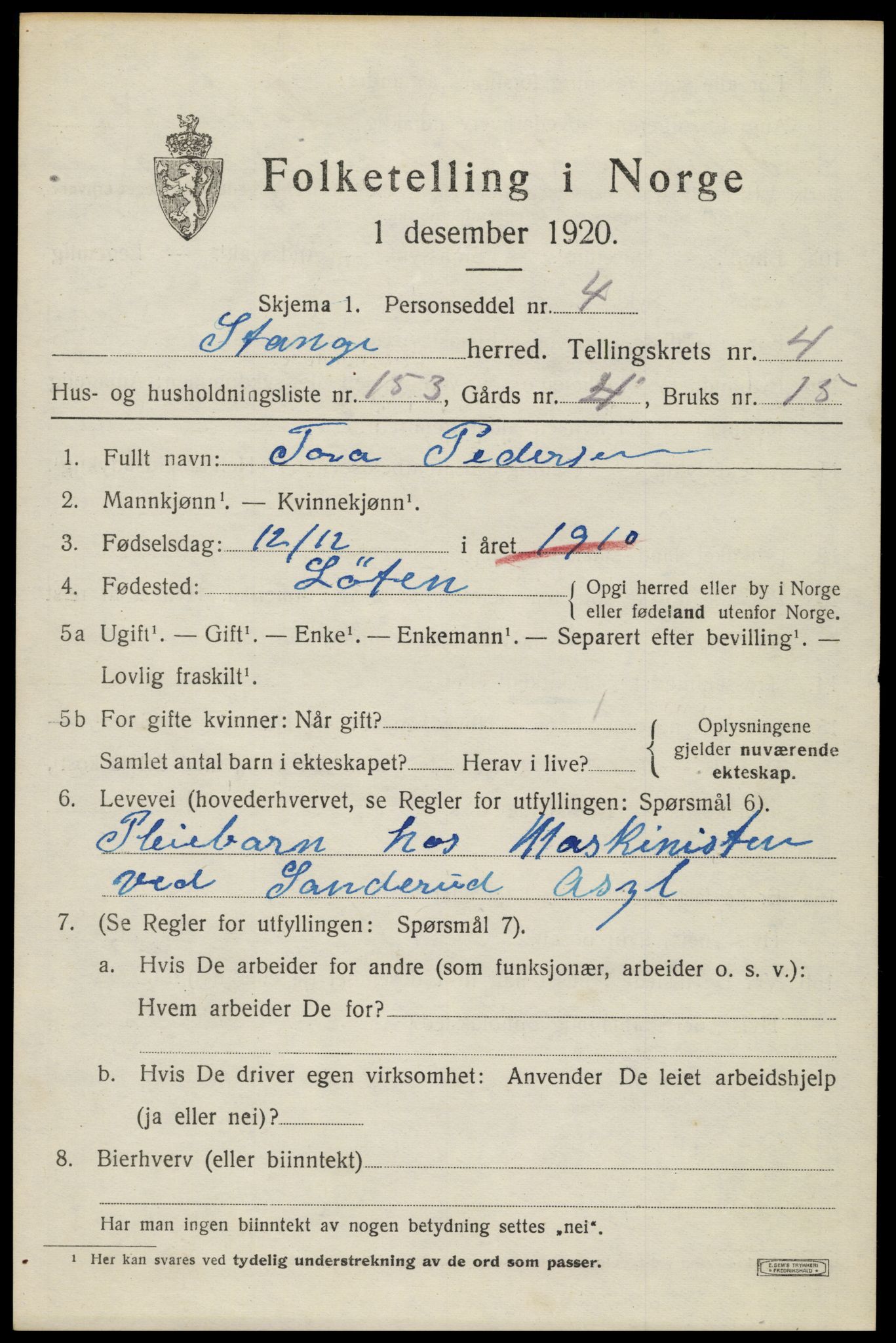 SAH, 1920 census for Stange, 1920, p. 8903