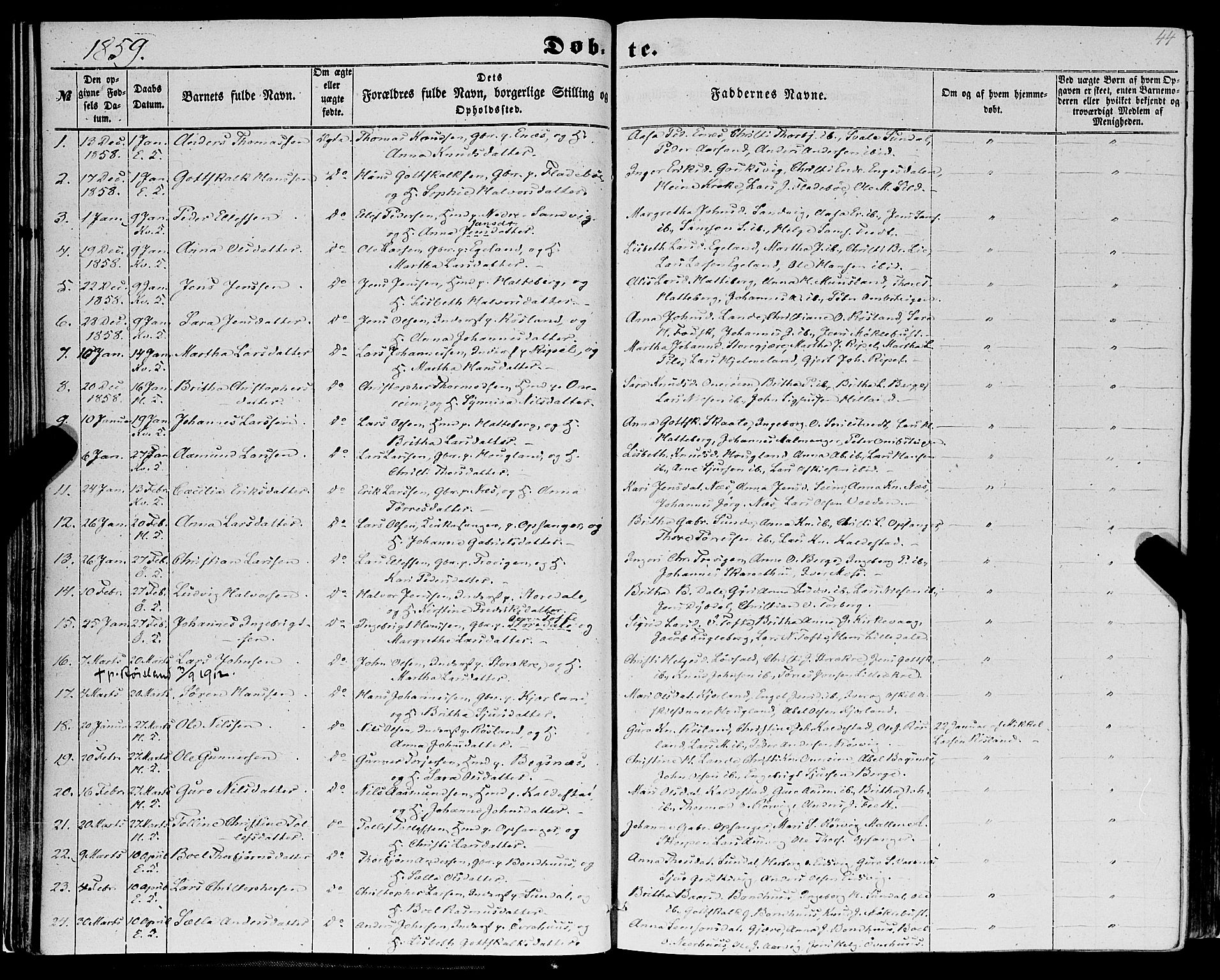 Kvinnherad sokneprestembete, SAB/A-76401/H/Haa: Parish register (official) no. A 8, 1854-1872, p. 44