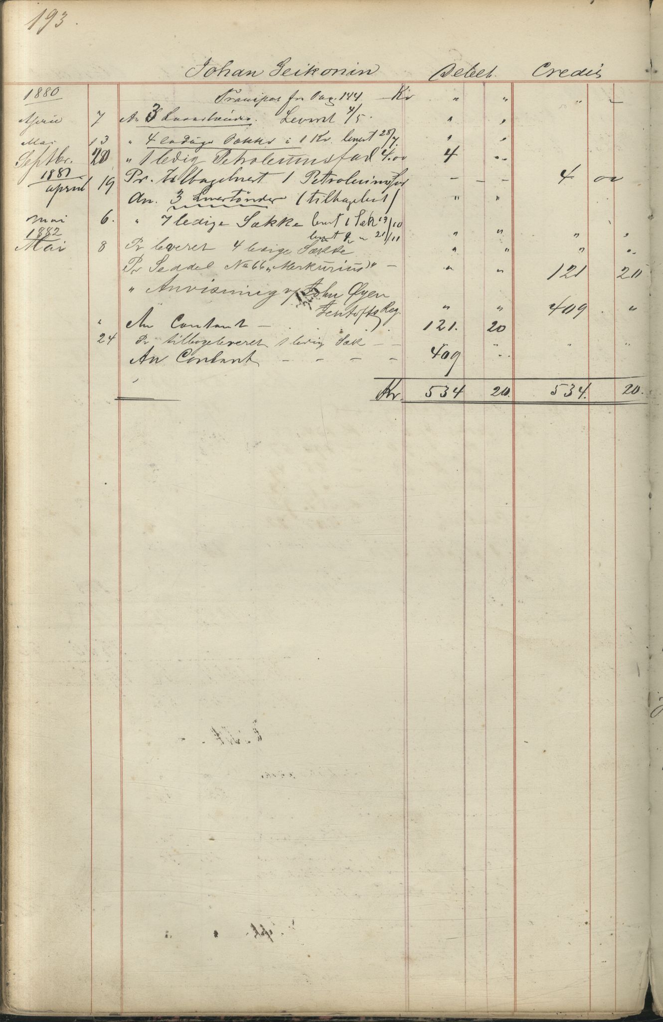 Brodtkorb handel A/S, VAMU/A-0001/F/Fc/L0001/0001: Konto for kvener og nordmenn på Kolahalvøya  / Conto for Kvæner og Nordmænd paa Russefinmarken No 1, 1868-1894, p. 193