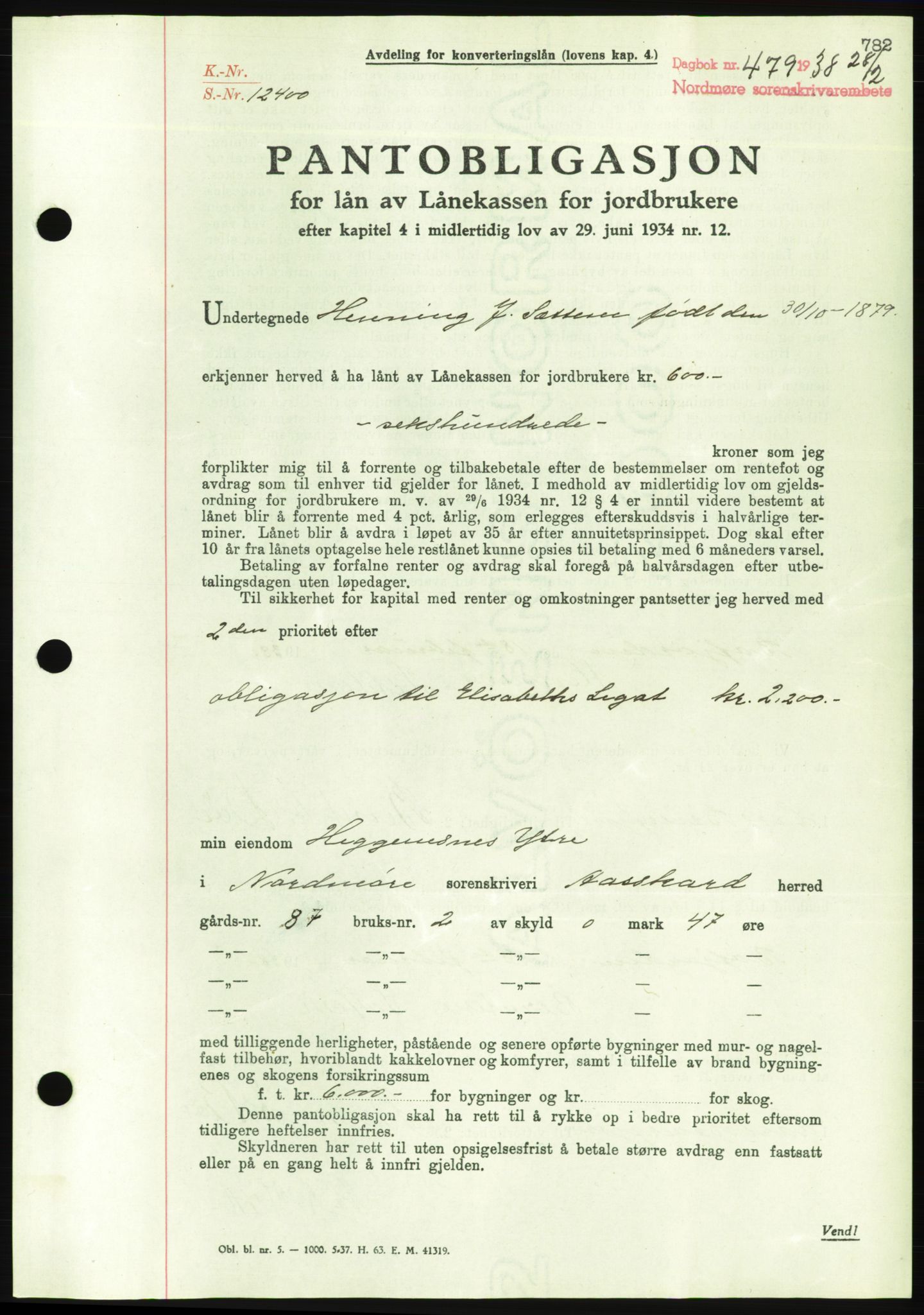 Nordmøre sorenskriveri, AV/SAT-A-4132/1/2/2Ca/L0092: Mortgage book no. B82, 1937-1938, Diary no: : 479/1938