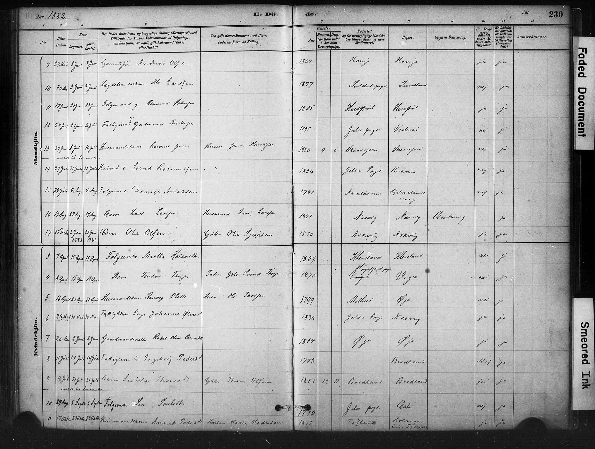 Hjelmeland sokneprestkontor, AV/SAST-A-101843/01/IV/L0014: Parish register (official) no. A 14, 1879-1900, p. 230