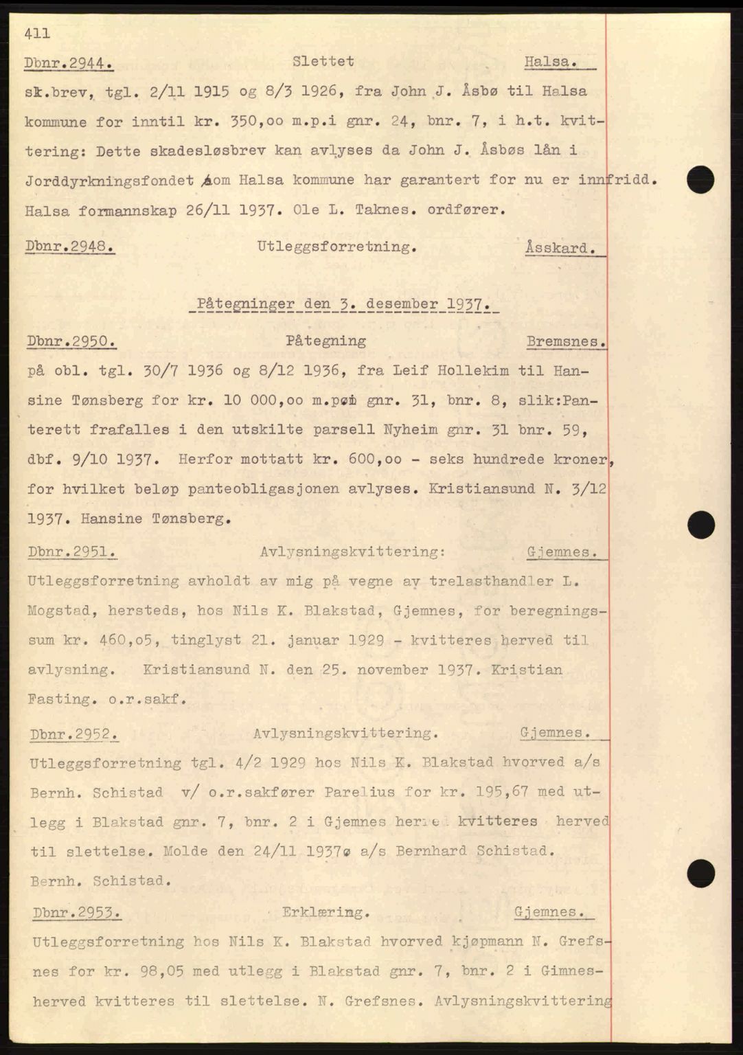 Nordmøre sorenskriveri, AV/SAT-A-4132/1/2/2Ca: Mortgage book no. C80, 1936-1939, Diary no: : 2944/1937