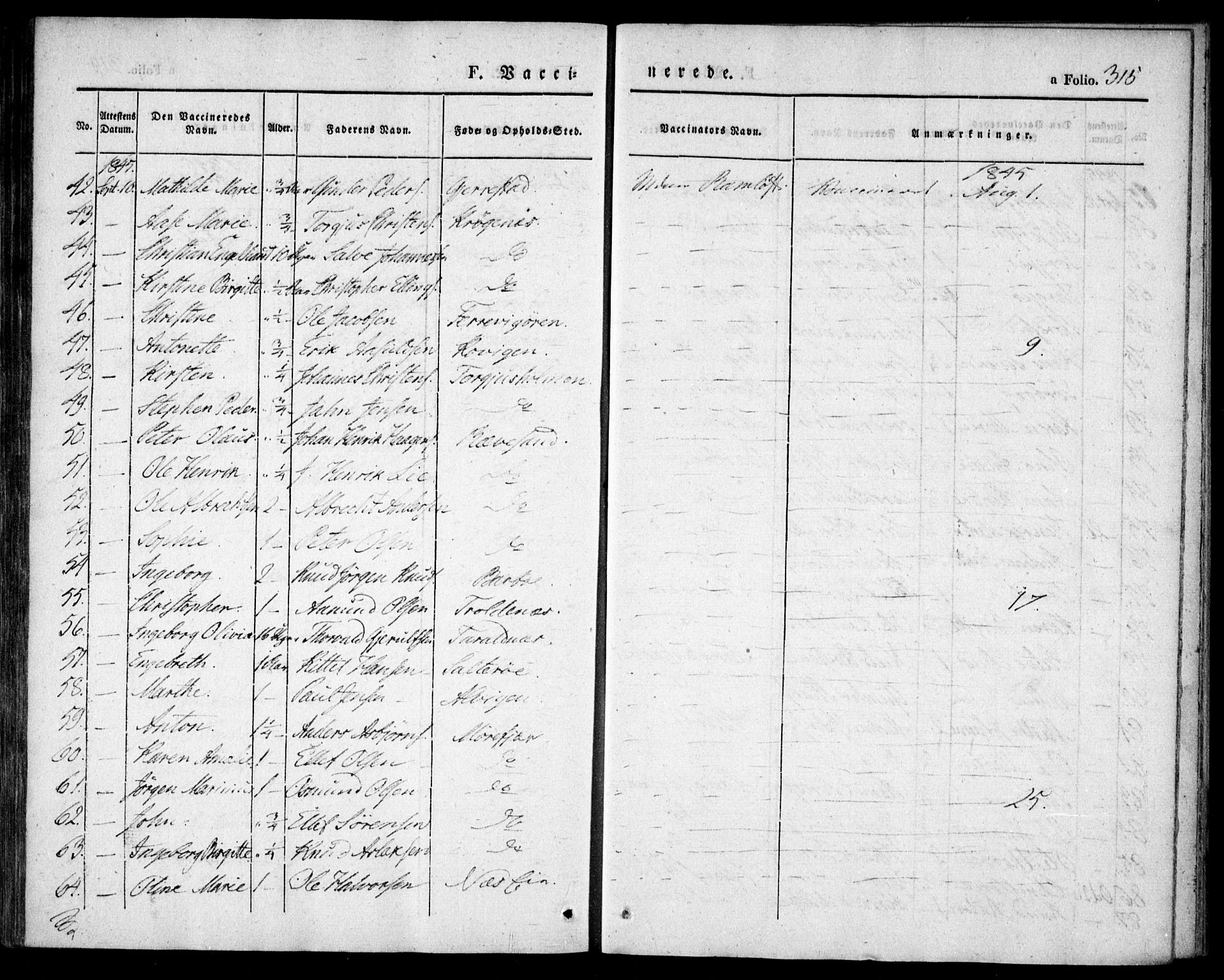 Tromøy sokneprestkontor, AV/SAK-1111-0041/F/Fa/L0004: Parish register (official) no. A 4, 1837-1846, p. 315