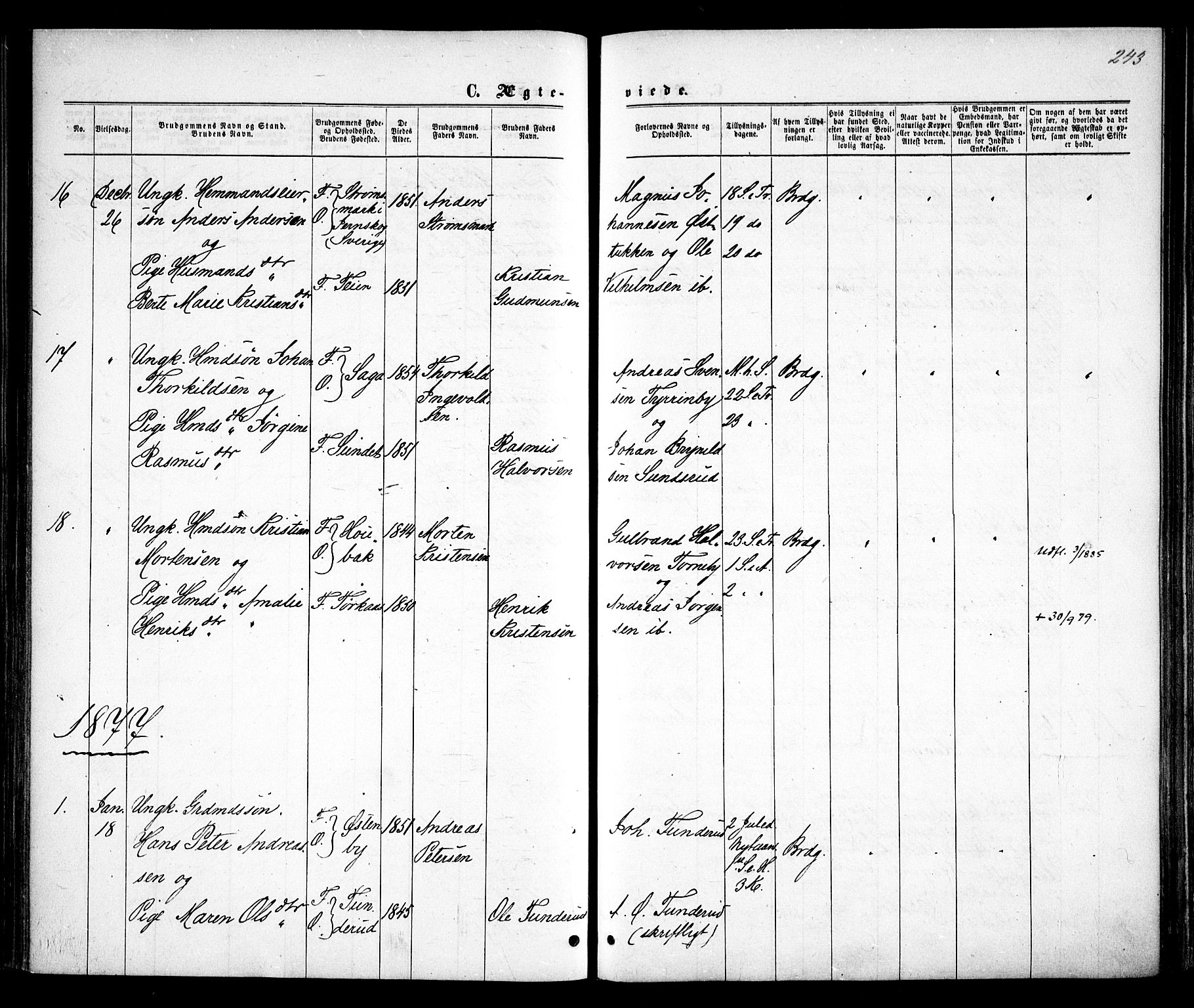 Rødenes prestekontor Kirkebøker, AV/SAO-A-2005/F/Fa/L0008: Parish register (official) no. I 8, 1869-1879, p. 243