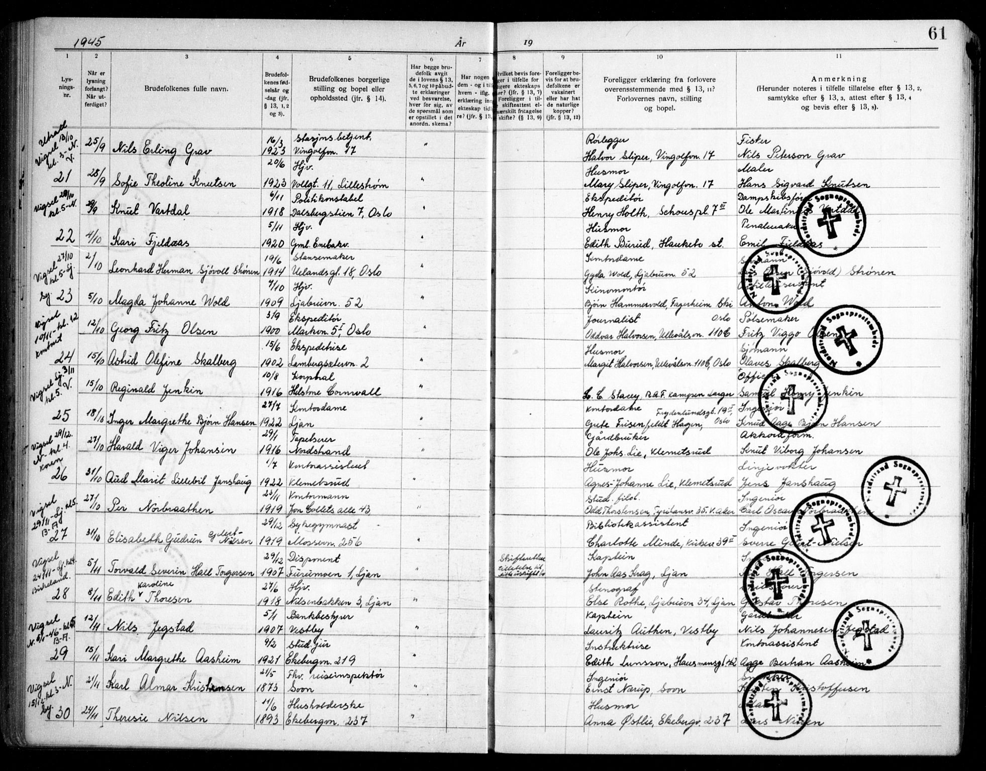 Nordstrand prestekontor Kirkebøker, AV/SAO-A-10362a/H/Ha/L0002: Banns register no. 2, 1935-1950, p. 61